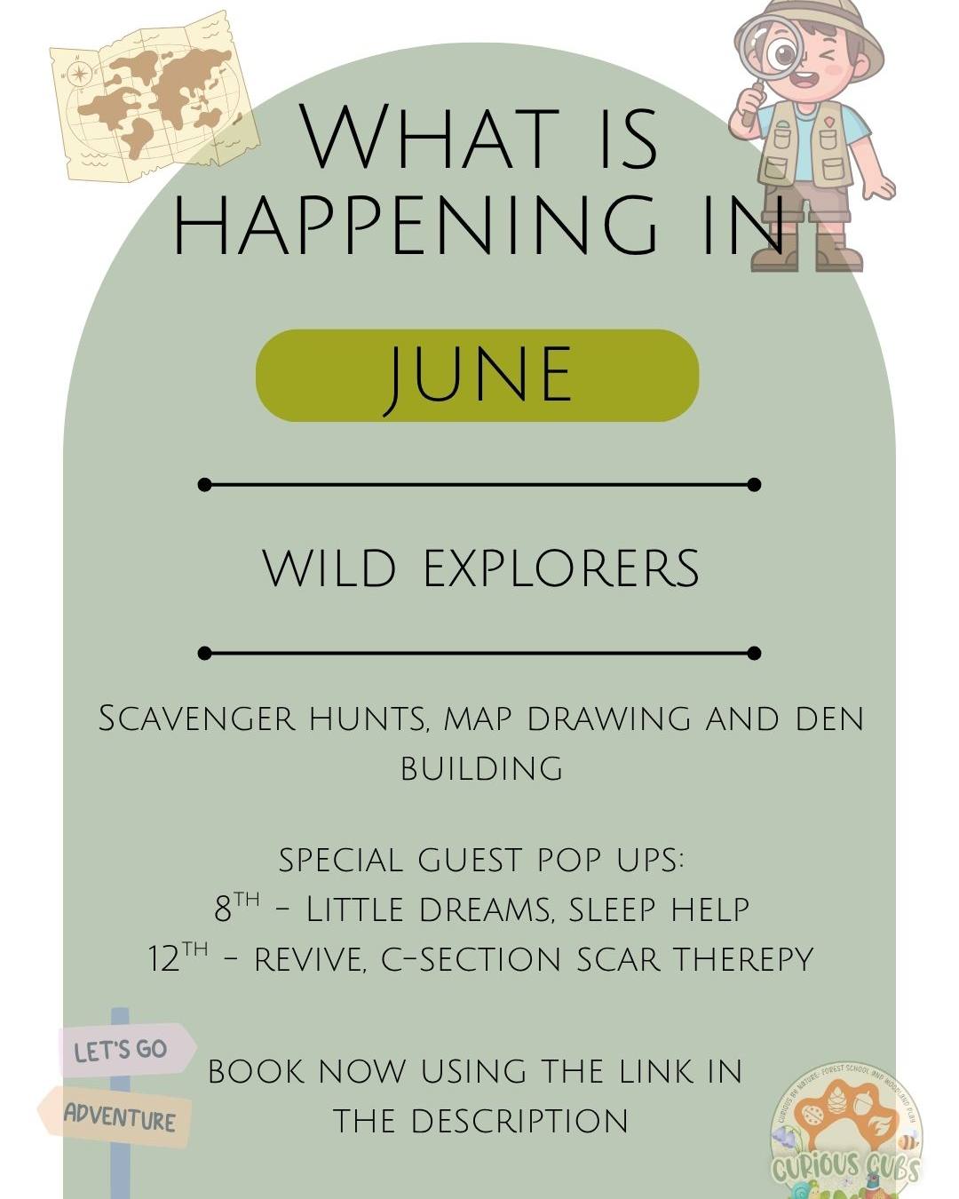 🌿 June at Curious Cubs – Wild Explorers! 🗺️🌲
Join us this month as we become woodland adventurers, exploring the great outdoors through scavenger hunts, map drawing, and den building adventures! 🍃🔍
✨ Special Guest Pop-Ups
💤 8th June – Little Dreams @littledreams_solihullswarwick
Sleep support and advice for families.
🌸 12th June – Revive @revive.cotswolds
C-section scar therapy and wellbeing support.
🧸 Stay & Play Sessions
Running weekly, 10am–12pm:
• Monday
• Wednesday (every other week)
• Thursday
• Friday
💷 £10 per child
👶 £6 for each additional sibling
🎟️ Planning to visit regularly? Check out our Flexi Pass for great savings on multiple visits!
Come explore, discover, and make memories with us in the woods this June!
🔗 Book now: www.curiouscubs.co.uk
