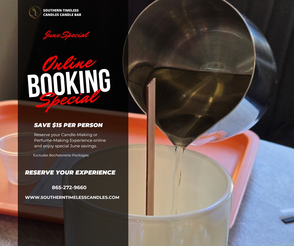 🚨 ONLINE BOOKING SPECIAL ONLY 🚨
Book your Candle-Making or Perfume-Making Experience online during June and receive $15 OFF PER PERSON on eligible packages.
This special is available exclusively for reservations made through our website and cannot be applied to walk-in experiences.
Whether you're planning a date night, girls' trip, family outing, or looking for a unique indoor activity in Gatlinburg, now is the perfect time to reserve your experience.
🕯️ Custom Wood-Wick Candles
✨ Signature Perfumes & Colognes
📍 1004 Parkway, Suite 801, Gatlinburg
🚗 Free 3-Hour Parking Validation
Valid on eligible Candle-Making and Perfume-Making Packages only. Excludes Bachelorette Packages and cannot be combined with other offers.
Reserve online:
www.southerntimelesscandles.com