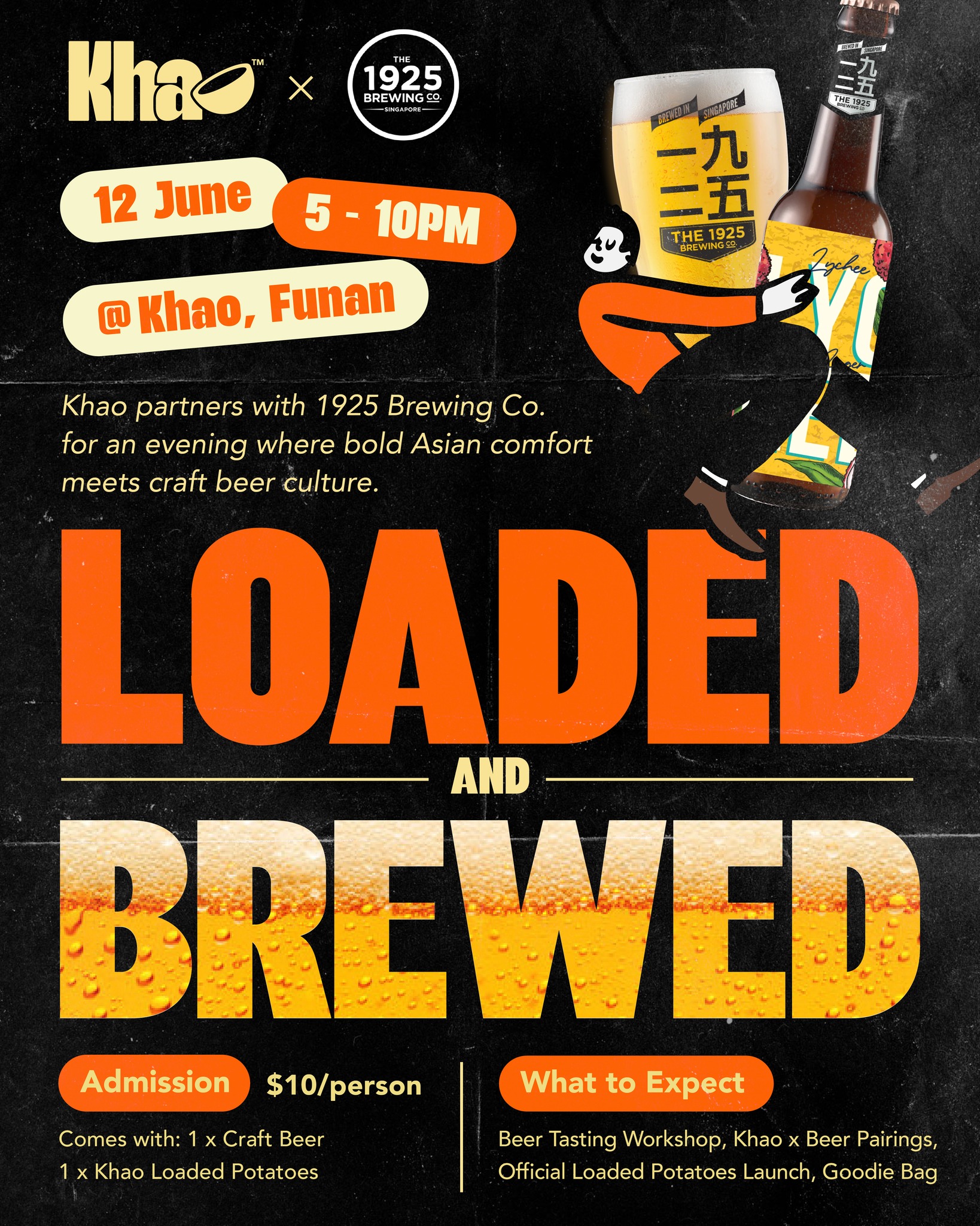 🍺🥔 LOADED & BREWED 🍺🥔
One night only, @khaotolive is teaming up with @the1925brewingco for an evening of bold bites, craft beers, and good vibes at Funan. ✨
Be among the first to experience the official launch of Loaded Potatoes after its sold-out run at Boutiques Singapore — now paired with a curated lineup of 1925 craft beers.
Expect beer tasting workshops, flavour-packed pairings, exclusive merch, and a community night built for food and beer lovers alike. 🍻
🎟 $10 per pax
Includes:
• 1 x Loaded Potatoes
• 1 x Craft Beer
📍 Khao, Funan
🗓 12 June
⏰ 5PM – 10PM
Limited slots available. Get your tickets via the link in bio before they’re gone 👀