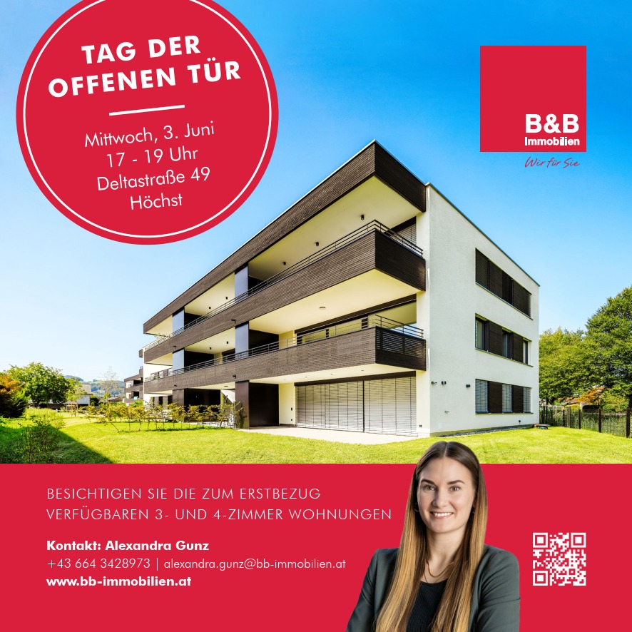 🏡 Tag der offenen Tür: Dein neues Zuhause in der Deltastraße! 🏡
Endlich Platz zum Leben! In unserer neuwertigen Wohnanlage in der Deltastraße (Höchst am Bodensee) warten noch 3- und 4-Zimmerwohnungen auf dich.
📅 Wann? Dienstag, 3. Juni 2026, 17–19 Uhr
📍 Wo? Deltastraße 49, Höchst
🔓 Einfach vorbeikommen – unverbindlich & ohne Anmeldung!
Entdecke moderne Wohnkonzepte, helle Räume und eine Top-Lage. Wir freuen uns auf dich!
Vorab Fragen? -> Alexandra Gunz 📞+43 664 3428973 📨alexandra.gunz@bb-immobilien.at 🌎https://www.bb-immobilien.at
#WohnenInHöchst #Deltastraße #NeueWohnungen #Traumwohnung #SofortBeziehbar #TagDerOffenenTür #Immobilien #WohnenMitFlair #immobilien #realestate #rheintal #investment #vorarlberg #immobilienvorarlberg #bodensee #höchst #eigentumswohnung #eigenheim