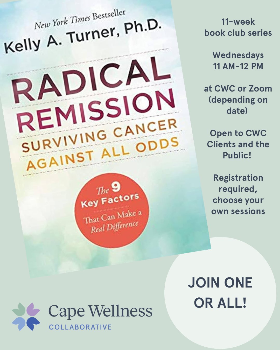 Join us Wednesdays from 11 AM–12 PM for our Radical Remission Book Club Series at CWC 📚✨
Together, we’ll explore the powerful healing factors discussed in the book through open conversation, reflection, and community connection. Some sessions will be held in person at CWC, while others will take place over Zoom to allow for flexible participation.
Whether you’ve read the chapter in advance or are simply curious to learn more, all are welcome.
🗓 Wednesdays | 11 AM–12 PM (5/20/26-8/12/26)
📍 In-person + Zoom
✅ Registration required
See Upcoming Programs link in bio for dates and details!