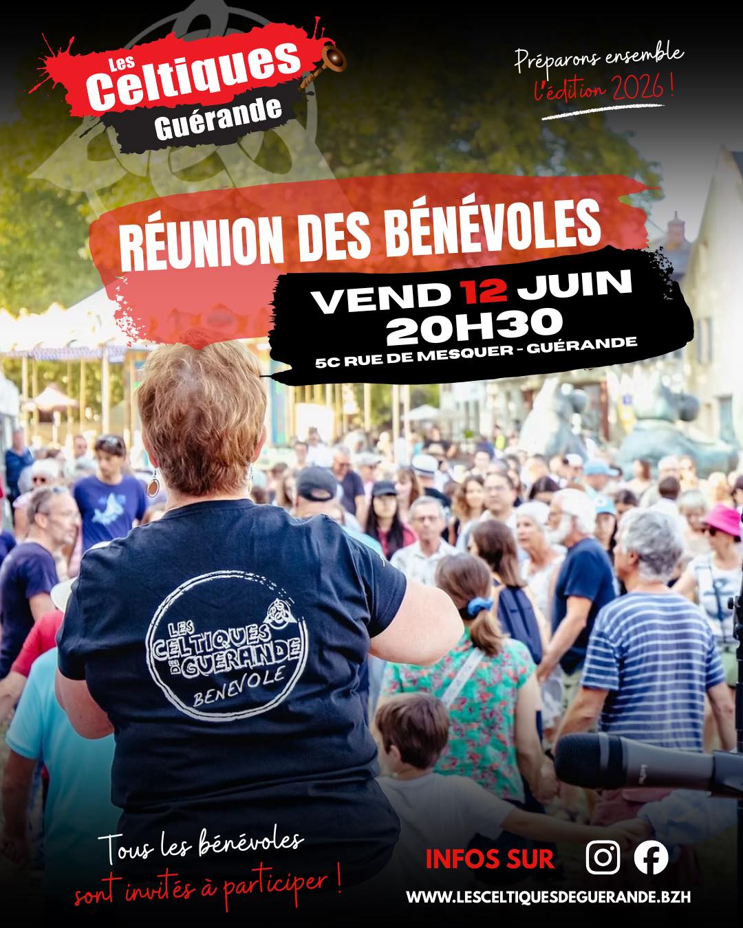 Réunion des bénévoles !
Que vous soyez bénévole de longue date ou que vous souhaitez rejoindre l’aventure pour la première fois, nous vous donnons rendez-vous pour une soirée d’échange et de préparation autour de la prochaine édition.
📆 Vendredi 12 Juin
🕢 20h30
📍5C Rue de Mesquer, Guérande
Votre présence est importante pour construire ensemble cette nouvelle édition du festival !
#LCDG2026 #lesceltiquesdeguerande #bénévole