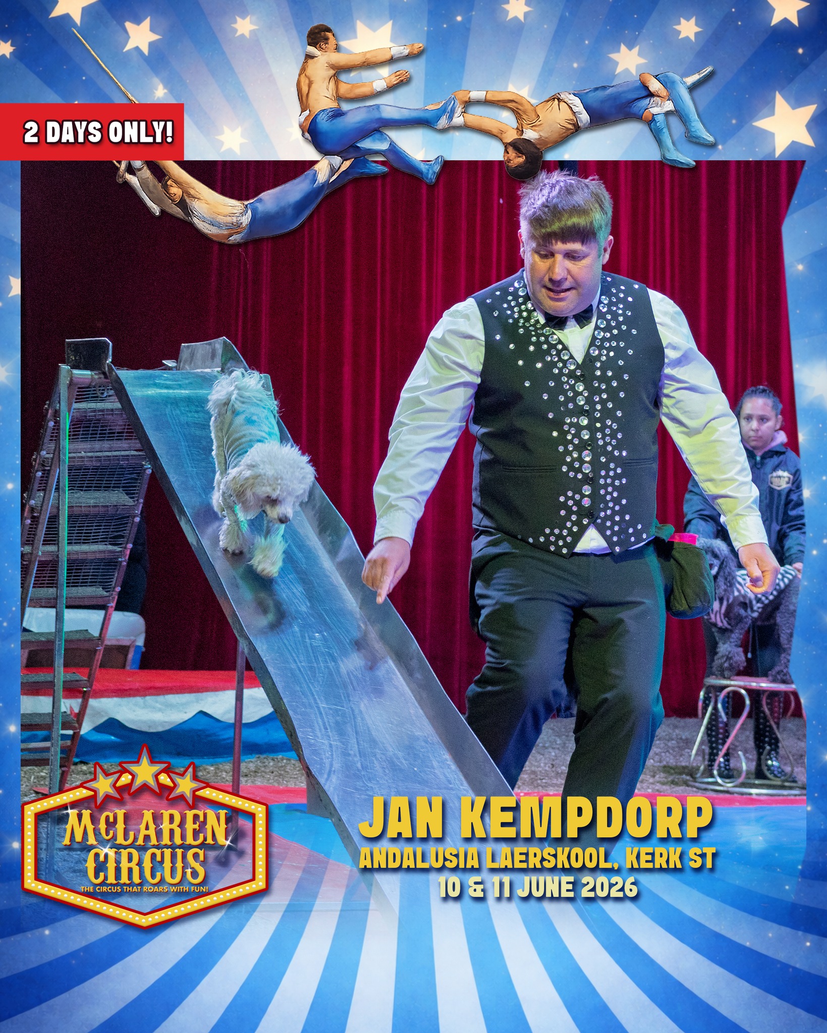 🎪✨ The magic of the circus returns to #JanKemdorp, get your tickets now to ensure you experience the magic of the circus!
Experience an unforgettable International Circus Spectacular, packed with thrilling action, breathtaking performances, and timeless circus magic for the whole family.
🗓️ SHOW TIMES:
• Wed, 10 Jun 2026 @ 6 PM (50% OFF - use code "50JAN26" | Online sales only | First 10 claimers)
• Thu, 11 May 2026 @ 6 PM
🎟️ Ticket Prices:
Back Chairs R175 | Side Chairs R195 | Raised Chairs R225 | Silver Ringside R250 | Gold Ringside R295
🎪 Ticket Office opens daily at 12 PM on show days
www.mclarencircus.co.za | WHATSAPP: http://wa.me/message/BGE2GJWJ5DLDC1