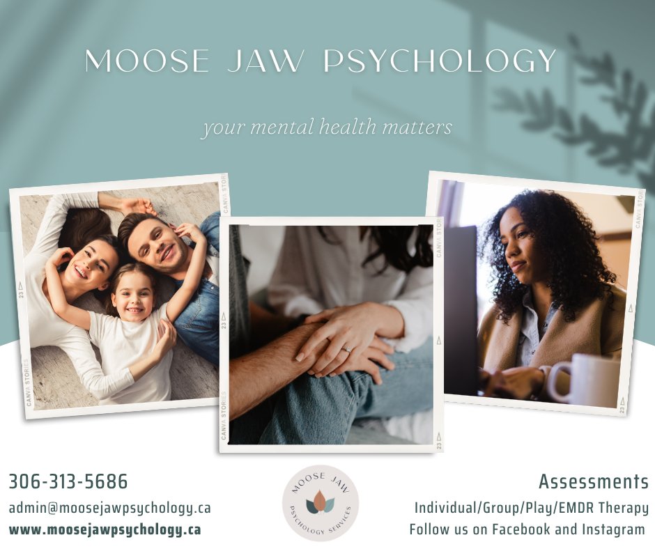 🌿 Mental health isn’t only about getting through the hard days. It’s also about creating space to breathe, connect, heal, and feel supported along the way. Whether you’re navigating stress, anxiety, relationships, parenting, trauma, or life changes, you don’t have to carry it alone.
At Moose Jaw Psychology, we offer compassionate support for individuals, families, groups, and children in a welcoming environment where your story matters.
✨ Services include:
• Individual Therapy
• Group Therapy
• Play Therapy
• EMDR Therapy
• Assessments
📍 Moose Jaw, Saskatchewan
📞 306-313-5686
📧 admin@moosejawpsychology.ca
#MentalHealthSupport | #SaskTherapy | #MooseJaw | #TherapyWorks | #BookNow | #PsychologyOffice