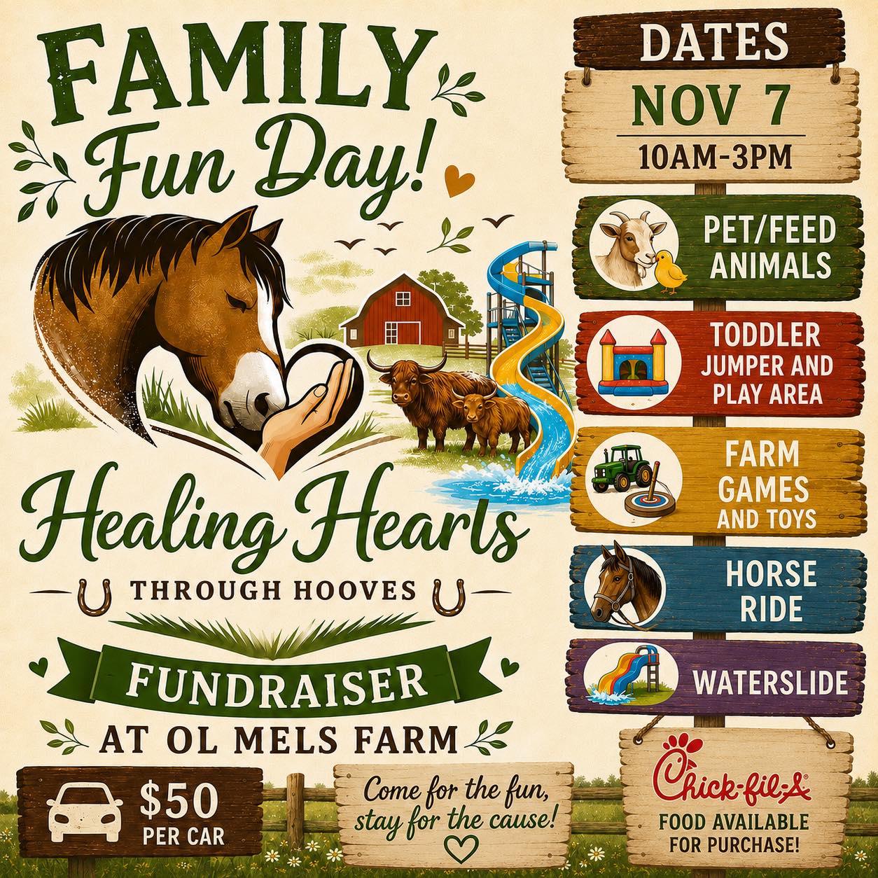 https://www.facebook.com/share/1JKRSvfUxn/?mibextid=wwXIfr
Make plans to come out to the farm for an afternoon of farm, family, and fun!! Saturday June 13 3pm-8pm.
Advanced tickets can be purchased at👉🏻 https://www.zeffy.com/en-US/ticketing/family-fun-day-at-ol-mels-farm
$50 donation per vehicle goes directly 100% to Healing Hearts Through Hooves non profit
*horse rides
*feed animals
* toddler waterslide
*big kid waterslide
* Chick-fil-A Jackson & Macarthur
*help a great cause ❤️
#help #heal #hearts