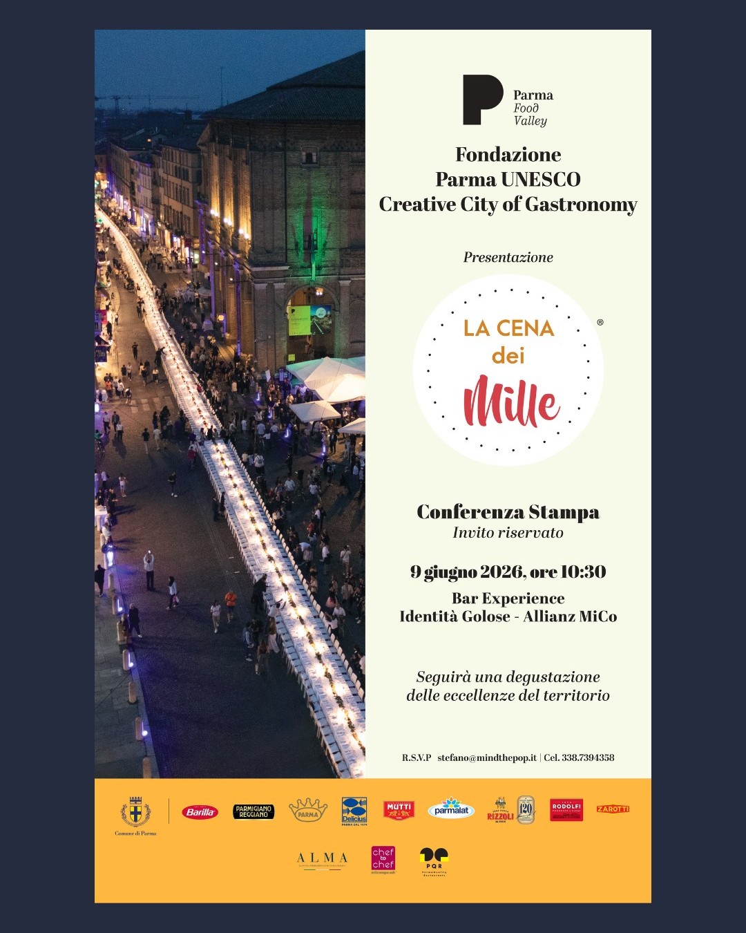 Mind The #1000 🍽️
Anche quest’anno abbiamo il piacere di supportare la Fondazione @parma_city_of_gastronomy nella comunicazione della Cena dei Mille!
Il 9 giugno, da Identità Golose Milano, aspettiamo gli amici della stampa per svelare insieme lo chef protagonista dell’edizione 2026.
E poi appuntamento l'8 settembre, quando il centro di Parma tornerà a trasformarsi in un grande ristorante gourmet a cielo aperto per celebrare i prodotti della Food Valley.
.
.
#MindThePop #MediaRelation #DigitalAgency #Parma