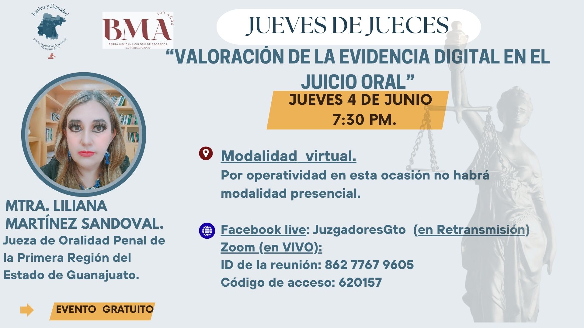 👉Te invitamos a la primera conferencia de "Jueves de Jueces" de este mes de junio, en colaboración con la Bma Guanajuato .
📅Jueves 4 de junio.
⏰ 7:30pm.
🎥En formato virtual en vivo por zoom y Facebook live en retransmisión.
En esta ocasión la Mtra. Liliana Martínez Sandoval, Jueza de Oralidad Penal de la Primera Región del Estado nos hablará de "Valoración de la evidencia digital en el juicio oral".
👉Recuerda, es un evento gratuito.
💻 Liga de zoom.
https://us02web.zoom.us/j/86277679605?pwd=qdbqckkqdtgaWqzXNhaoVhAJdPibEH.1
Te esperamos en #juevesdejueces