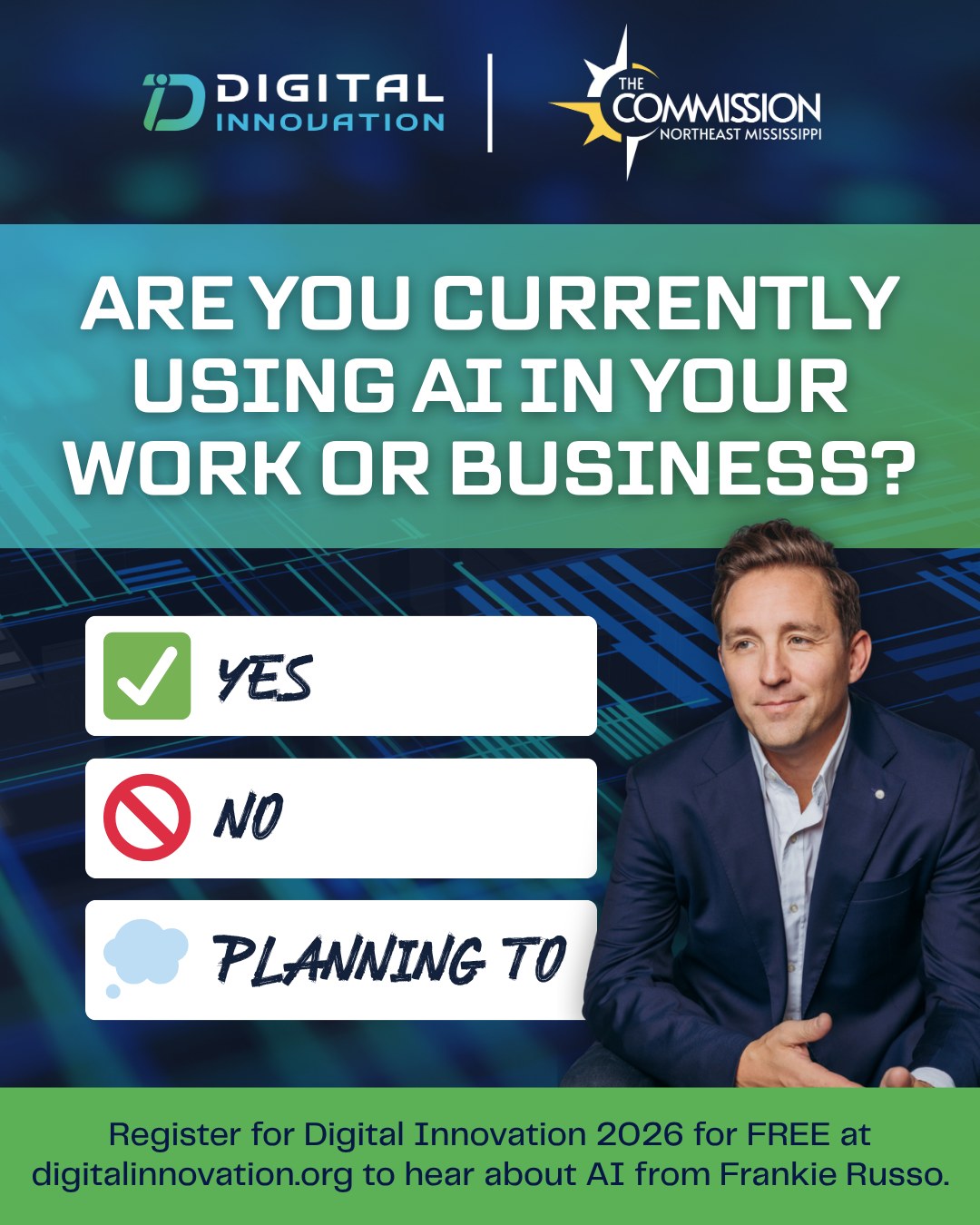 🤔 AI is becoming part of everyday business faster than ever—but how are you using it?
Drop your answer in the comments and let us know your favorite AI tool or application if you’re already using it. 👇🌐
Conversations like these are exactly why we’re excited to welcome Frankie Russo to Digital Innovation 2026 to talk innovation, growth, and navigating the future of work.
💡 Tag someone who’s all-in on AI or someone who still has questions about it!
📆 September 29–30
📍 Cadence Bank Arena and Conference Center
-
#DigitalInnovation #DigitalInnovationMS #Innovate2026 #MyTupelo #NorthMississippi #TupeloMS #CyberSecurity #ArtificalIntelligence #TechSolutions #TechConference #FutureOfTech #TechInnovation #AIConversation #WorkplaceAI #DigitalWorkplace