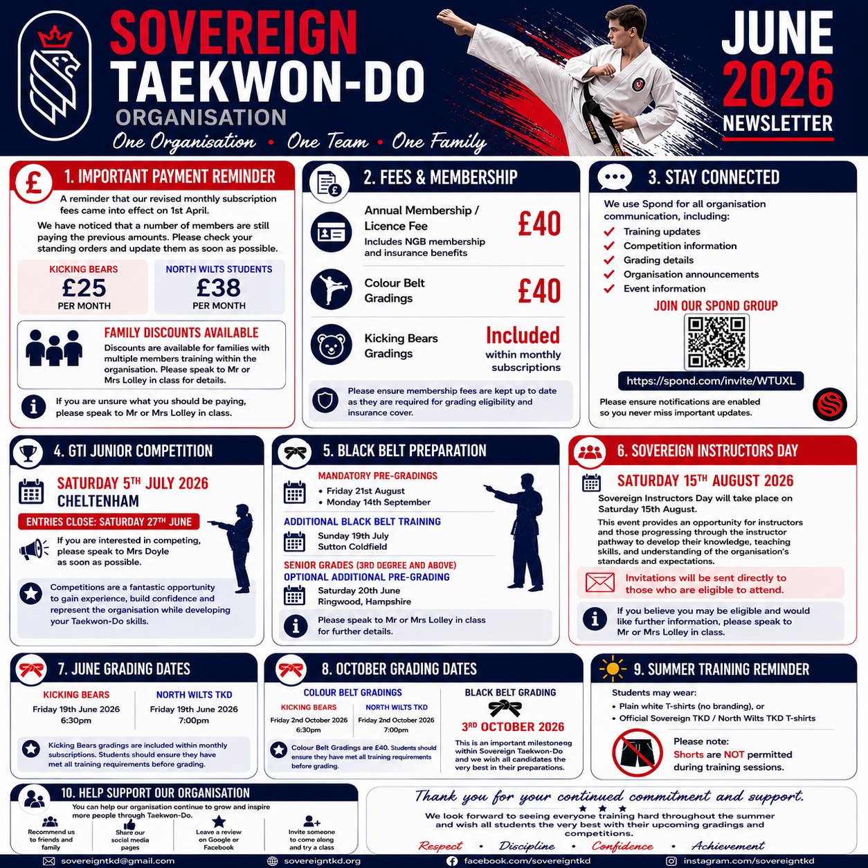 📢 SOVEREIGN TKD JUNE NEWSLETTER 📢
Please take a moment to read our latest newsletter below.
Important updates include:
🥋 Grading Dates
🏆 GTI Junior Competition
👊 Black Belt Training & Pre-Gradings
🎓 Sovereign Instructors Day
💳 Membership & Grading Fees
If you have any questions, please speak to Mr or Mrs Lolley in class.
Thank you for your continued support.
#SovereignTKD #TaekwonDo #OneOrganisationOneTeamOneFamily