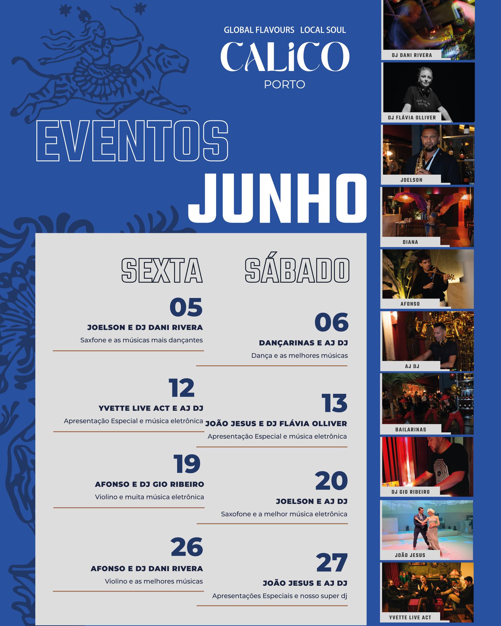 Programe-se.
A programação de junho no Calico já está definida, com música ao vivo, DJs e performances especiais para tornar cada fim de semana único.
05/06 — Sexta
DJ Dani Rivera + Joelson
06/06 — Sábado
AJ DJ + Dançarinas
12/06 — Sexta
AJ DJ + Yvette Live Act
13/06 — Sábado
DJ Flavia Olliver + João Jesus Dancer
19/06 — Sexta
DJ Gio Ribeiro + Afonso
20/06 — Sábado
AJ DJ + Joelson
26/06 — Sexta
DJ Dani Rivera + Afonso
27/06 — Sábado
AJ DJ + João Jesus Dancer
Jantar, cocktails e o ambiente certo para aproveitar as noites de junho no coração do Porto.
Rua da Meditação, 70 — Porto
Garanta já a sua reserva através do site e beneficie de 5% de desconto na sua fatura.
🇬🇧
Plan ahead.
June’s programme at Calico is set, with live music, DJs and special performances to make every weekend unique.
05/06 — Friday
DJ Dani Rivera + Joelson Sax
06/06 — Saturday
AJ DJ + Dancers
12/06 — Friday
AJ DJ + Yvette Live Act
13/06 — Saturday
DJ Flavia Olliver + João Jesus Dancer
19/06 — Friday
DJ Gio Ribeiro + Afonso on violin
20/06 — Saturday
AJ DJ + Joelson
26/06 — Friday
DJ Dani Rivera + Afonso Violin
27/06 — Saturday
AJ DJ + João Jesus Dancer
Dinner, cocktails and the perfect atmosphere to enjoy June nights in the heart of Porto.
Rua da Meditação, 70 — Porto
Book through our website and enjoy 5% off your final bill.
#calicoporto #restaurante #bar #porto #programacao