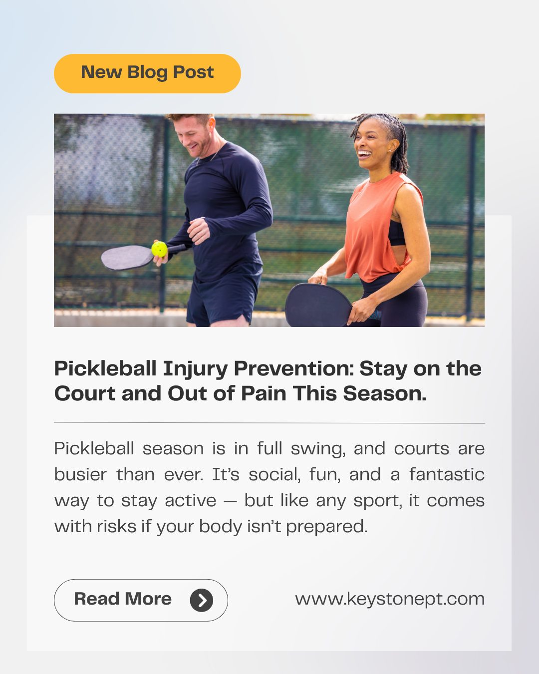 🏓 NEW BLOG POST: Pickleball Injury Prevention – Stay on the Court and Out of Pain This Season
Pickleball is one of the fastest-growing sports for a reason—it's fun, social, and a great way to stay active. But with more time on the court comes a greater risk of strains, sprains, tendonitis, and overuse injuries.
In our latest blog, we cover:
✅ Common pickleball injuries
✅ Simple warm-up tips
✅ Ways to improve mobility and strength
✅ When to seek physical therapy before a minor ache becomes a bigger problem
Whether you're a seasoned player or just picking up a paddle this summer, a little prevention can go a long way toward keeping you in the game.
📖 Read the full blog. Link is in our bio.
#KeystonePhysicalTherapy #Pickleball #PickleballLife #PickleballCommunity #PickleballPlayer #PickleballSeason #PickleballInjuryPrevention #InjuryPrevention #SportsInjuries #PhysicalTherapy #PhysicalTherapist #PTTips #MoveBetter #StayActive #HealthyMovement #SportsRehab #MobilityMatters #StrengthAndMobility #ActiveLifestyle #WeekendWarrior #PainFreeMovement #RecoveryMatters #WellnessJourney #BrookfieldWI #WaukeshaCounty #WisconsinHealth #HealthyAging #MovementIsMedicine #StayInTheGame #KeystonePT