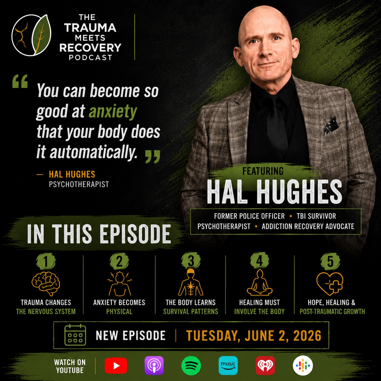 In this upcoming episode, psychotherapist @halhughes explains how trauma becomes stored physically in the nervous system—and why healing must involve the body, not just the mind.
Topics include:
• PTSD
• Brain injury
• Somatic healing
• Addiction recovery
• Nervous system regulation
• Post-traumatic growth
Episode drops Tuesday June 2nd.
#SomaticHealing #NervousSystemHealing #TraumaTherapy #PTSDRecovery #TraumaHealing #MentalHealthAwareness #HealingJourney #BodyKeepsTheScore #TraumaMeetsRecovery #addictionrecovery #braininjury #tbi