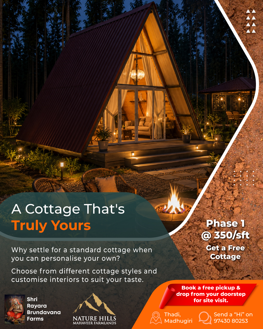 🏡 A Cottage That's Truly Yours
Why settle for a standard cottage when you can personalise your own?
Choose from different cottage styles and customise interiors to suit your taste.
✔ Fully Furnished
✔ Kitchen
✔ Sofa & Seating
✔ Bed & Mattress
✔ Storage & Cupboards
✔ Fans & Coolers
A space designed around your lifestyle.
📲 Send a Hi on 97430 80253
#NatureHillsMahaveerFarmlands #FarmhouseLiving #CustomisedCottage #LuxuryCottage #ManagedFarmlands #WeekendHome #NatureLiving #FarmhouseNearBangalore