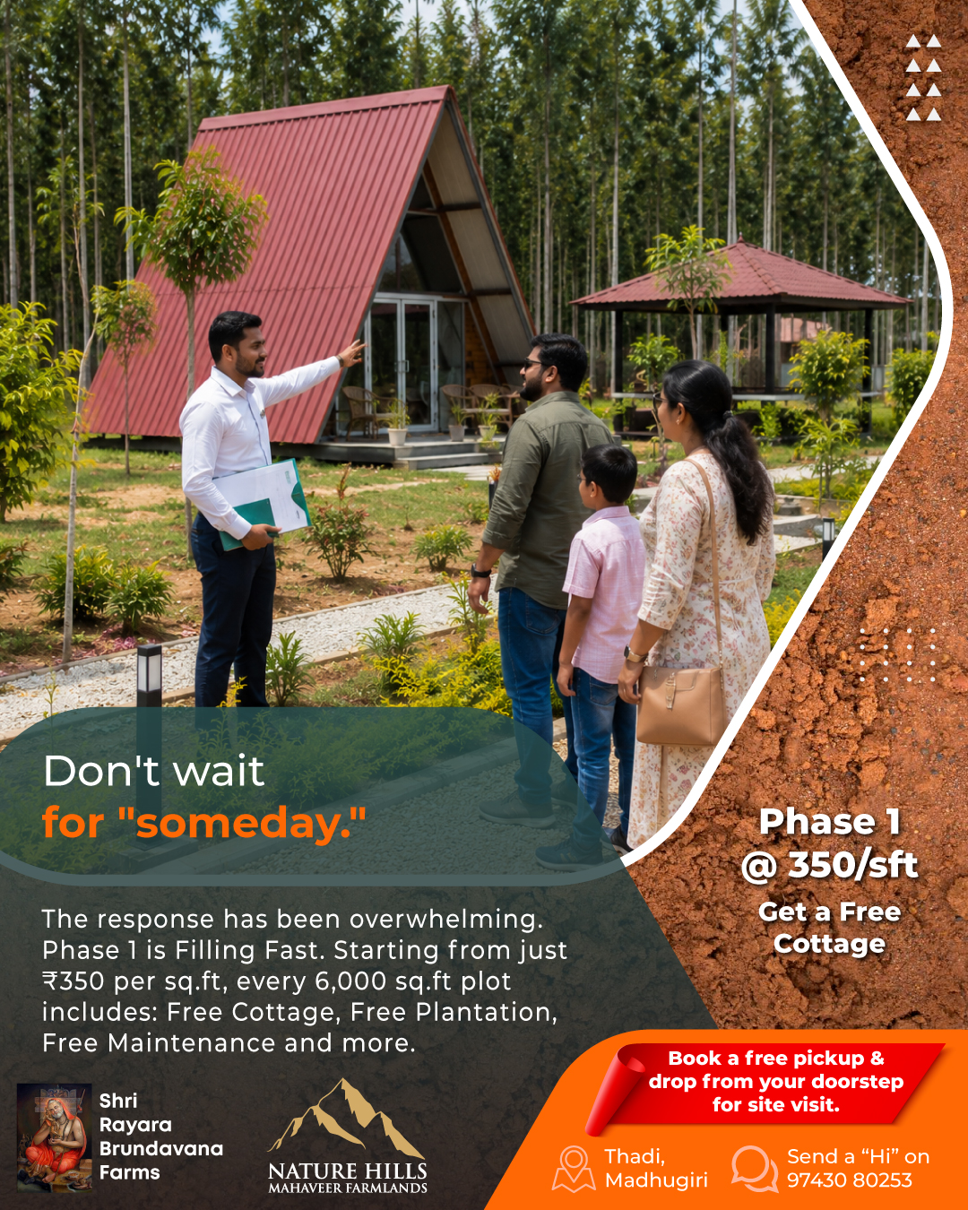 ⏳ Phase 1 Very Few Left. Phase 2 Filling Fast.
The response has been overwhelming.
✅ Phase 1 – Limited Plots Available
📍 Phase 2 – Filling Fast
Starting from just ₹350 per sq.ft, every 6,000 sq.ft plot includes:
🏡 Free Cottage
🌳 Free Plantation
👨🌾 Free Maintenance
🛋 Free Furniture
✨ Customisation Options
Don't wait for "someday."
The best plots are chosen first.
📲 Send a Hi on 97430 80253
#NatureHillsMahaveerFarmlands #Phase2Open #LimitedPlots #FarmlandInvestment #ManagedFarmlands #FreeCottage #FarmPlotsNearBangalore #GreenWealth #LandInvestmentIndia