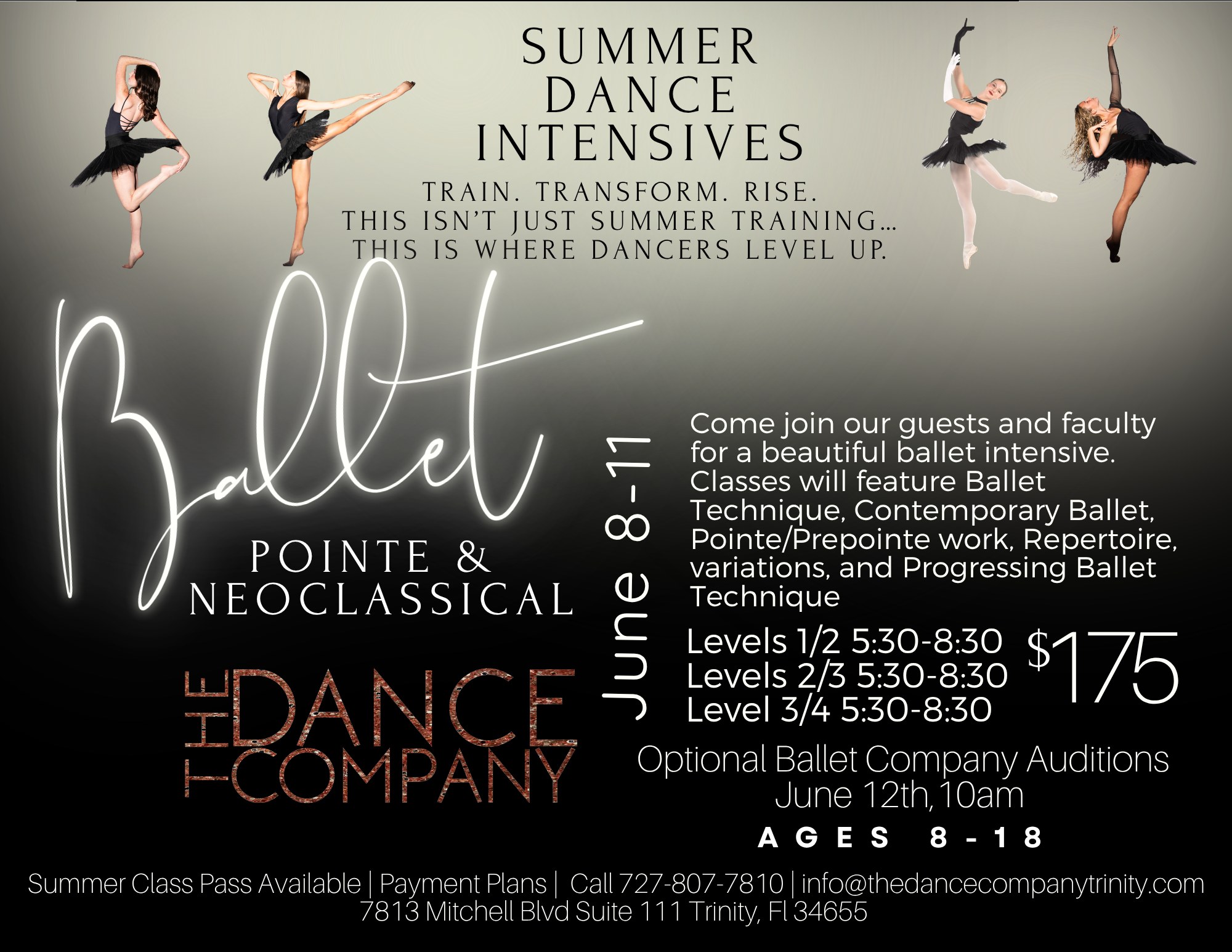 🩰✨ Ballet Intensive Week begins soon✨🩰
A week designed for dancers ready to refine technique, build artistry, and step deeper into their training.
Our Ballet Intensive will focus on:
✨ Classical ballet technique
✨ Strength, flexibility & alignment
✨ Artistry & performance quality
✨ Precision, discipline & confidence
Led by experienced faculty in an environment that challenges dancers to grow while supporting proper technical development.
💫 Ballet Company Auditions will take place Friday at the conclusion of the intensive week for dancers interested in deeper performance and training opportunities this season.
Whether your dancer dreams of stronger technique, more confidence, or a more serious ballet path… this is where the work begins.
📍 The Dance Company Trinity
🩰 Ballet Intensive + Auditions
🔗 Register now:
https://www.thedancecompanytrinity.com/balletintensive