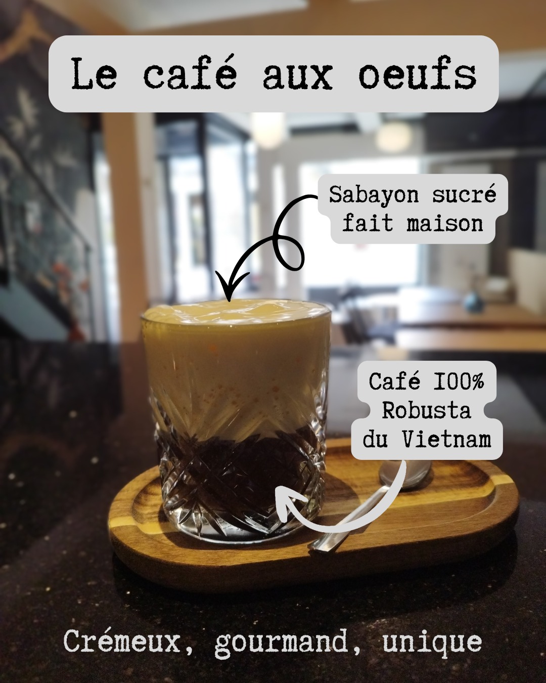 Le café aux œufs,
la douceur vietnamienne qui surprend tout le monde.
Une base de Robusta 100% Vietnam, intense et parfumé.
Surmonté d’un sabayon sucré fait maison, monté minute pour une texture aérienne.
C’est crémeux, gourmand, et totalement unique.
Disponible chez Cà Phê Viêt.
Tu viens goûter ?
#cafeauxoeufs #capheviet #vietnamesecoffee #robustavietnam #cafespecialite #grenoble #cafégrenoble