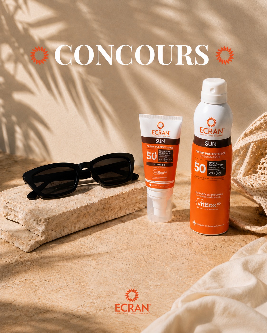 On vous gâte ! ☀️
Tentez de remporter une paire de lunettes de soleil et deux produits ECRAN® : la brume protectrice hydratante SPF50 pour le corps, ainsi que la crème solaire visage SPF50+.
Pour remporter ce lot, il vous faut :
- Être abonné(e) au compte
- Liker le post
- Identifier en commentaire un(e) ami(e) qui adorerait participer à ce concours !
Deux gagnants seront tirés au sort le 22 juin.
Annonce des gagnants en story !
Bonne chance à tous ☀️
#protectionsolaire #cremesolaireECRAN #spf #concours