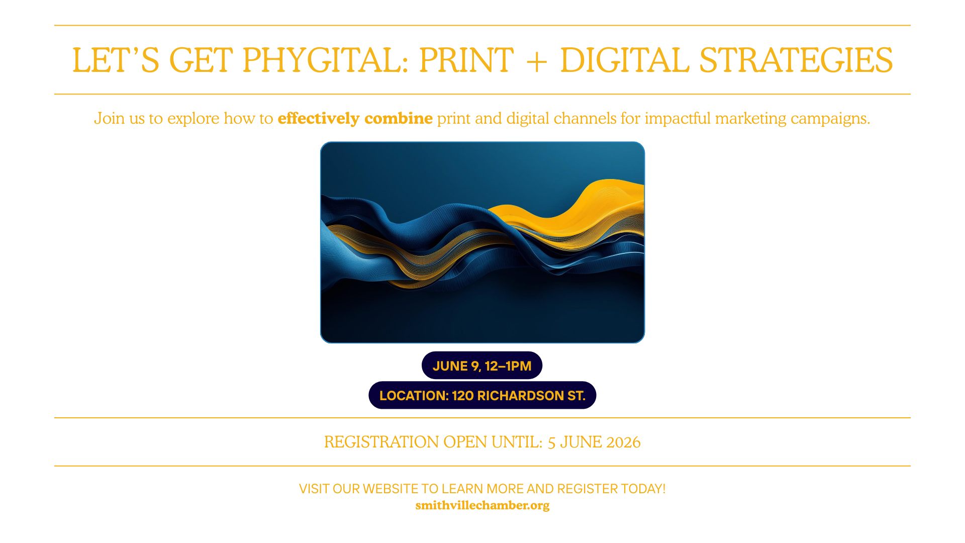 Are your marketing efforts missing a piece of the puzzle?
In today's fast-paced market, the magic happens when you combine the tangible power of print with the immediate reach of digital. Join us on Tuesday, June 9th for our upcoming workshop: "Let's Get Phygital: Print + Digital Strategies!"
Whether you are looking to boost local footprint, design a cohesive brand campaign, or discover new ways to track your physical marketing efforts online, this session is for you.
Where: Mid-Continent Public Library - Smithville Branch
When: Tuesday, June 9, 2026
Time: 12:00 PM – 1:00 PM (Perfect for a lunch-and-learn!)
Seating is limited, so make sure to secure your spot today! Click the link below to register: https://bit.ly/lets-get-phygital
#SmithvilleMO #MarketingStrategy #PhygitalMarketing #SmallBusinessTips #Networking #SmithvilleMoChamber