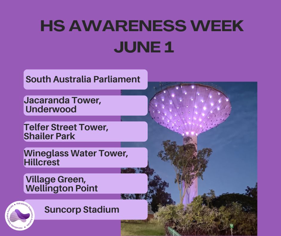 💜 💜 💜 AUSTRALIA IS TURNING PURPLE FOR HS AWARENESS WEEK 💜 💜 💜
This HS Awareness Week, landmarks across the country will shine purple to help raise awareness of Hidradenitis Suppurativa (HS) and show support for the millions of people worldwide living with this challenging condition.
HS Awareness week is marked on the first week of June and for 2026 it is the 1st-7th of June.
From bridges and buildings to community landmarks, each purple light represents a powerful message. The people living with HS deserve to be seen, heard, and supported.
If a landmark near you is lighting up purple, we'd love to see it!
💜 Snap a photo
💜 Share it on social media
💜 Tag us!
💜 Use #Illuminate4HS
Together, we can light up Australia, spark conversations, reduce stigma, and raise awareness of HS one purple landmark at a time.
Massive thank you to every organisation, council, venue, and supporter helping us shine a light on HS this Awareness Week.
Keep an eye out for purple and help us spread the word!
#HSAwarenessWeek #Illuminate4HS #HSAustralia #PurpleForHS #ShineALightOnHS #HSWarrior #LightUpPurple #AwarenessThroughAction #AdvocacyInAction