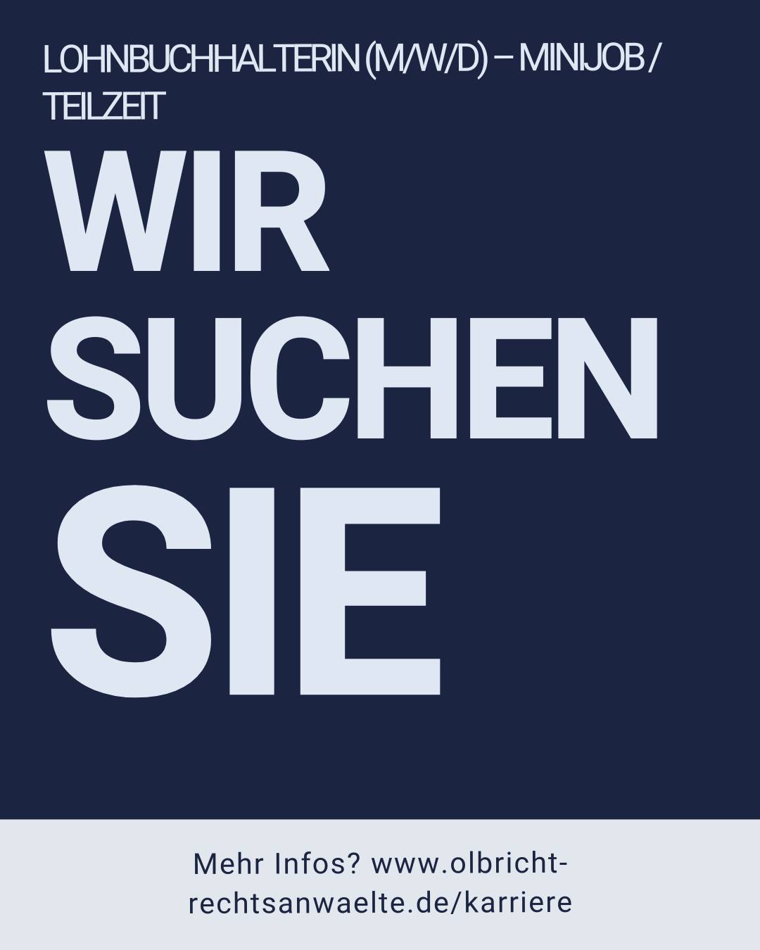 🚀 Wir wachsen weiter!
Zur Verstärkung unseres Teams suchen wir aktuell eine Lohnbuchhalterin (m/w/d) mit Erfahrung in Lexware.
Sie möchten flexibel arbeiten, Verantwortung übernehmen und Teil einer modernen, digitalen Kanzlei werden? Dann freuen wir uns auf Ihre Bewerbung.
📍 24 Stunden monatlich
💻 Modernes & digitales Arbeiten
⚖️ Kanzlei mit Zukunft
👉 Bewerben Sie sich jetzt direkt über unsere Karriereseite.
#Jobs #Stellenanzeige #Lohnbuchhaltung #Lexware #Karriere #BerlinJobs #Rechtsanwälte #Kanzlei #Minijob #Teilzeitjob #Steuerfachangestellte #Buchhaltung #WirSuchenSie #Karrierechance #OLBRICHTRechtsanwälte