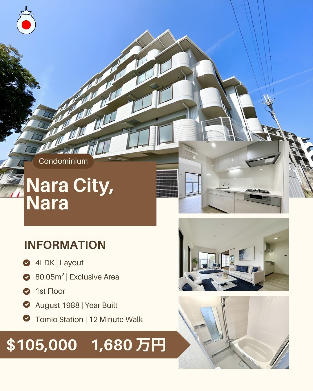 For Sale: 4LDK Condo in Nara City, Nara🏙️
Yamato-cho
💰 Price: 16,800,000円 (Approx. $105,000 USD)
📐 Size: 80.05m²
🏢 Floor: 1st out of 6 floors
🛠️ Built: August 1988
💳 Monthly Fees: ¥9,610 Management + ¥16,810 Repair
🚉 Access: Tomio Station | 12 Minute Walk
For full details and personalized guidance, click the link in the bio or message us directly. We’ll be happy to provide all the info you need 🔑
https://www.omoroiosaka.com/ #728 Week 91 Showcase
--------
Note:
Prices are based on exchange rates at the time of posting and may vary. Availability is not guaranteed and may change quickly.
Omoroi Osaka represents buyers and is not the listing broker. This post is for informational purposes only.
📢 Ad/Advertisement – 本投稿は広告です。Omoroi Osakaは元付業者でも宅建業者でもありません。
#NaraCityCondo
#NaraCondoForSale
#NaraRealEstate
#NaraProperty
#JapanRealEstate
#CondoForSaleJapan
#NaraCityProperty
#LivingInNara
#JapanPropertyForSale
#narahomesearch
#omoroiosaka
