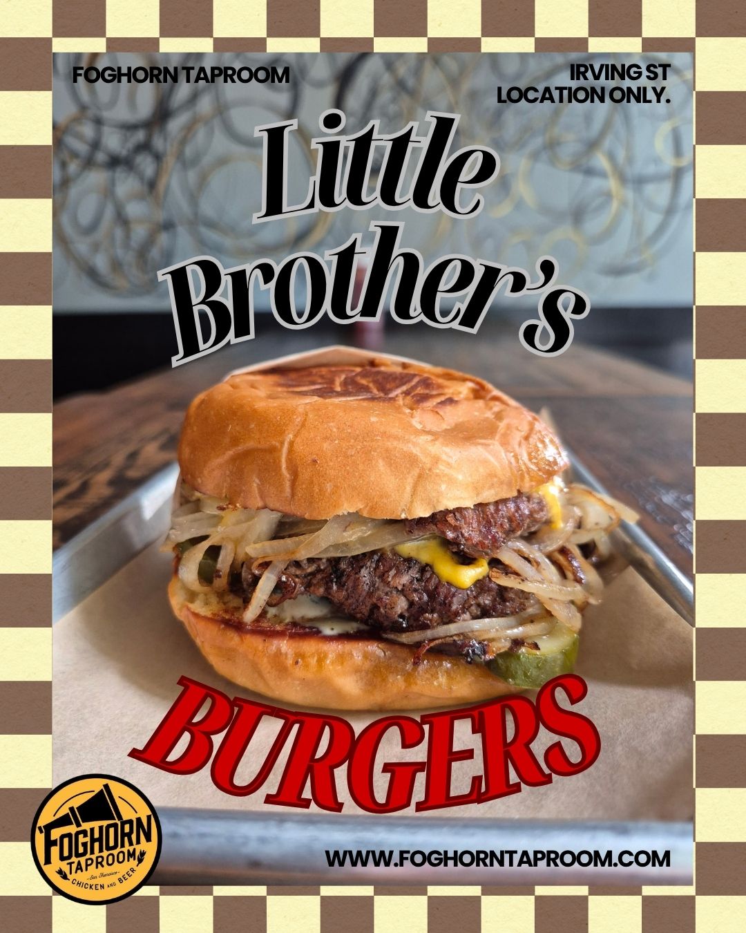 LITTLE BROTHER'S BURGERS (Irving St. location)!!!
These burgers are smashin! Smash Burgers at 1/4 lb. or 1/2 lb. The Big Brother comes with two aiolis: charred shallot and pickled Fresno pepper. The Chicago comes with Caramelized Peppers and Onions, Provolone Cheese, Giardiniera Aioli. The Oklahoma comes with a mountain of caramelized onion and the perfect blends of a perfect burger. OMG!!! Come by, say hello, grab a cold one, and see which smash burger suits your mood for the day.
New Happy Hour hour is M-F 2pm-5pm. $4 Alvarado St. lager cans. $8 hand crafted cocktails.
All day, everyday, $20 ice-bucket-o-beer of Alvarado St. lager cans (5). $12 beer flights. (4) 5 oz. pours of your favorite beers!
#drinkspecials #specials #bucketofbeer #littlebrothersburgers #burgertime #burger #smashburger #craftbeerlover #bestfriesever #monterreylager #alvaradostreetbrewing #alvaradostreetbrewery #craftcocktail #nopadistrict #nopadistrictsf #westernaddition #sunsetdistrictsf #richmonddistrictsf #foghorntaproom #chickenandbeer #sffoodies #beer #sfrestaurants #craftbeer #HappyHourVibes #happyhour