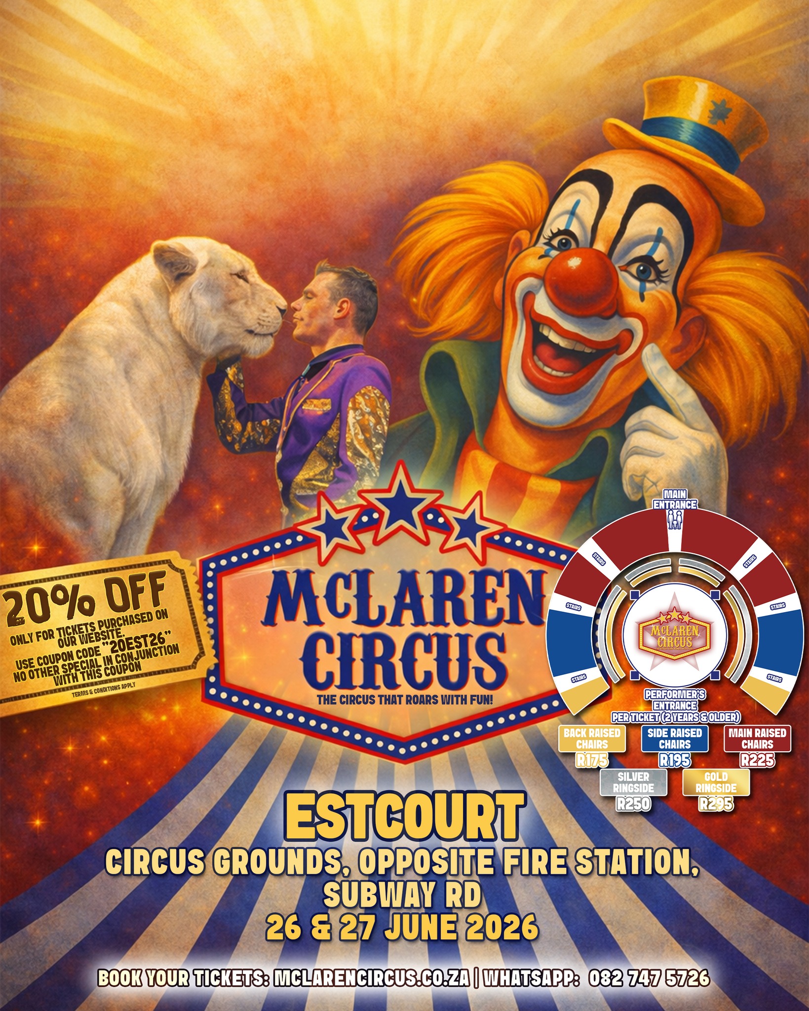 🎉 Special Online Ticket Offer!
🎪 Enjoy 20% OFF your tickets to our spectacular circus show in #ESTCOURT when you book online today!
🎟️ Use coupon code: 20EST26
💻 Book now: www.mclarencircus.co.za
Join us under the Big Top for an unforgettable night of excitement, thrills, and classic circus magic.