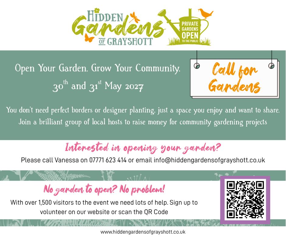 🌿 Only 364 days to go!
The countdown to the next Hidden Gardens of Grayshott has officially begun.
Our team is already busy behind the scenes planning our biggest, brightest event yet — and we’re aiming high, with a goal of raising £100,000 for community gardening projects across the village.
Want to get involved — as a garden host or volunteer? Drop us a message!