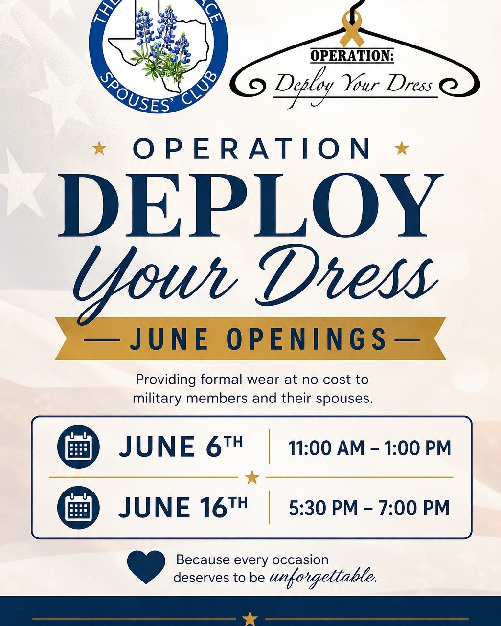 🎉 We heard you! Need a dress for the Birthday Ball? 🎉
Operation Deploy Your Dress is opening its doors this June to help you find the perfect gown for your special night!
✨ Browse our selection of beautiful formal dresses ✨ Completely FREE for eligible military members and spouses ✨ Find the dress that makes you feel confident and ready to celebrate
📅 June Openings: 💖 June 6 | 11:00 AM – 1:00 PM 💖 June 16 | 5:30 PM – 7:00 PM
Don't wait until the last minute—come shop our dress closet and let us help you get ball-ready!
Tag a friend who is looking for a Birthday Ball dress! 👗✨
#OperationDeployYourDress #ODYD #BirthdayBall #MilitarySpouse #MilitaryCommunity #TheGreatPlaceSpousesClub #Forthood