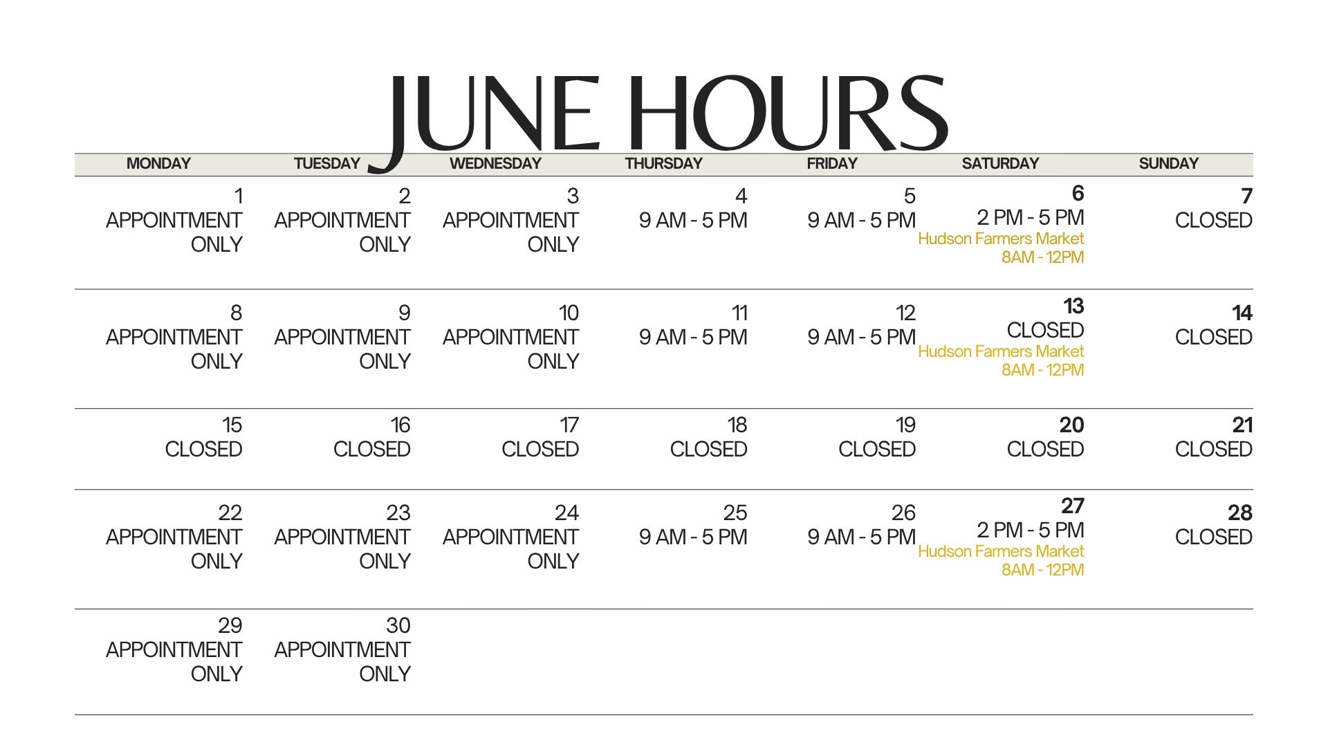 How is it already June?! ☀️🌿
Here are our hours for the month.
Can’t make it during posted hours? No problem! Contact us to schedule an appointment - we’re happy to help you find a time that works for you.