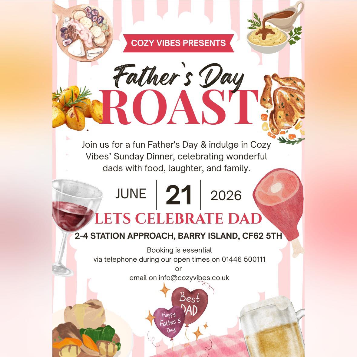 ๐จโ๐งโ๐ฆ FATHERโS DAY AT COZY VIBES ๐จโ๐งโ๐ฆ
Treat Dad to a proper Sunday Roast this Fatherโs Day! ๐ฝ๏ธโค๏ธ
Join us on Sunday 21st June 2026 for great food, family time, and a well-deserved celebration for all the amazing dads out there.
๐ฅฉ Traditional Sunday Roasts
๐ Full menu also available
๐จโ๐ฉโ๐งโ๐ฆ Family-friendly atmosphere
๐ 2โ4 Station Approach, Barry Island, CF62 5TH
๐ Booking is essential โ call us on 01446 500111 during opening hours or email info@cozyvibes.co.uk
Make this Fatherโs Day one to remember with delicious food, laughter, and quality time together.
๐ Letโs Celebrate Dad at Cozy Vibes!
#FathersDay #BarryIsland #CelebrateDad #FamilyTime #visitthevale