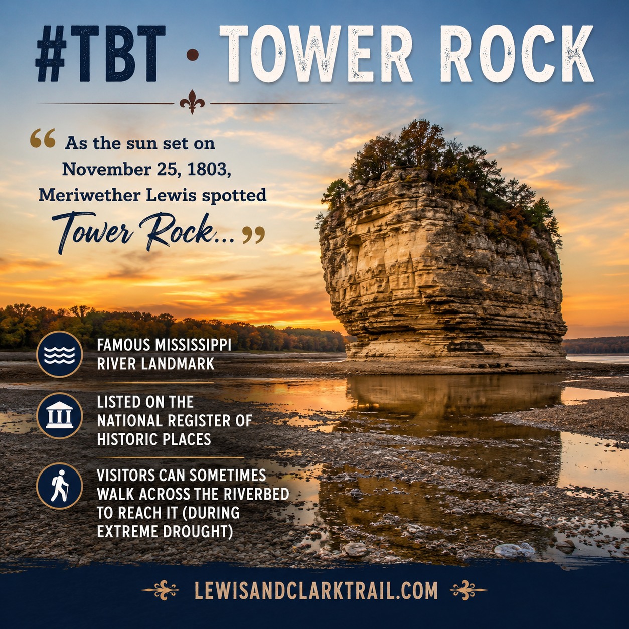 #TBT | Tower Rock Conservation Area
As the sun was setting on November 25, 1803, Meriwether Lewis gazed upon Tower Rock, one of the most recognizable landmarks on the Mississippi River. River men knew it well, and Lewis described the powerful whirlpool that formed below the rock during high water as both "immense" and dangerous.
More than 220 years later, Tower Rock still rises dramatically from the Mississippi. Most of the time it's accessible only by boat, but during periods of extreme drought, when river levels drop exceptionally low, visitors can sometimes walk across the exposed riverbed to reach it.
📍 National Register of Historic Places
🏨 Where to Stay:
The Atrium – A Boutique Hotel, Perryville, Missouri
https://expedia.com/affiliates/perryville-hotels-the-atrium-a-boutique-hotel.Xc1vHhS
Expedia Affiliate Network
🦅 Birding enthusiasts will also find excellent opportunities nearby.
https://ebird.org/hotspot/L4669082
Have you ever visited Tower Rock?
#LewisandClarkTrail #TowerRock #TBT #MississippiRiver #ExploreHistory #RoadTripAmerica #MissouriTravel #NationalRegister #BirdingTrail