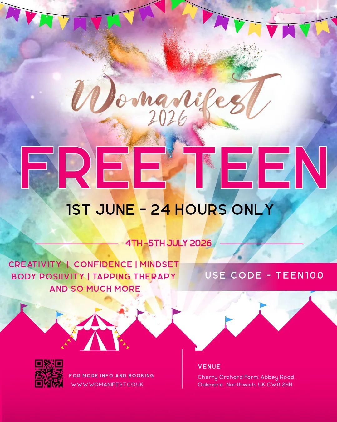 🚨 FINAL CALL! 🚨
Our FREE Teen Girl Ticket offer ends today! 💖
This is your last chance to give a teen girl the opportunity to experience a day of inspiration, empowerment, wellbeing, fun, and connection at Womanifest.
✨ Inspiring speakers
✨ Confidence-building workshops
✨ New friendships
✨ A day she'll never forget
⏰ Don't miss out – once this offer ends, it's gone!
🎟️ Claim your FREE Teen Girl Ticket now before the deadline. 💕✨