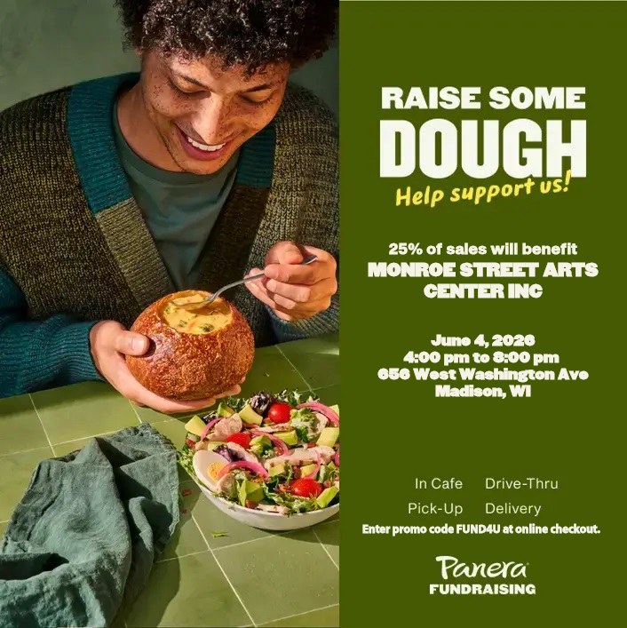 Dine out for the arts this Thursday!
Join us for a fundraiser benefiting Monroe Street Arts Center at Panera Bread โ West Washington!
๐
Thursday, June 4th
๐ Stop by in person: 4:00 PM โ 8:00 PM
๐ป Order online all day with promo code: FUND4U
A portion of every purchase goes directly to supporting arts education and programming right here in our community. Grab a bowl, a bakery treat, or your go-to order, and know that every bite makes a difference! ๐ฅ
See you there! ๐