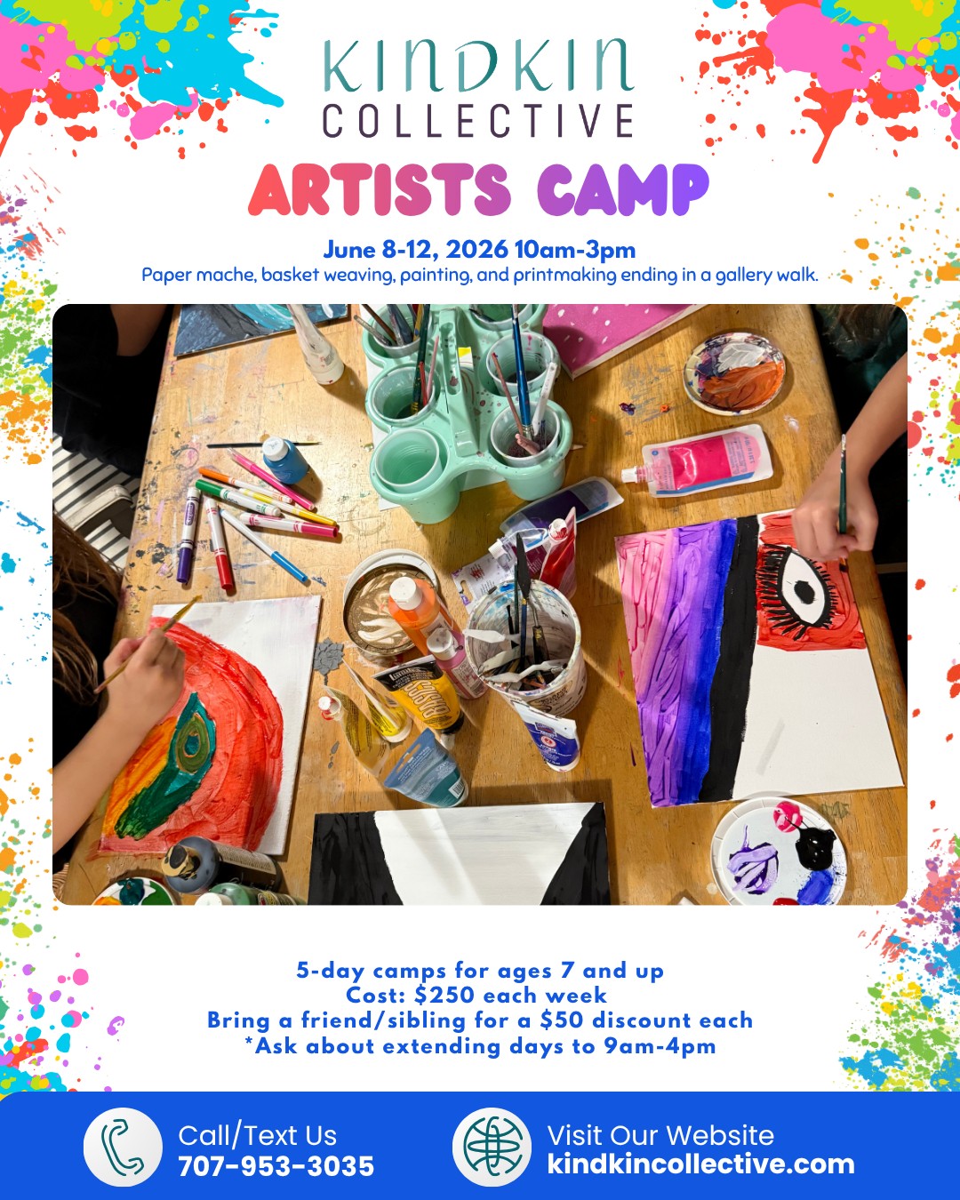 We are so excited to share the schedule for next weeks Artists Camp!
This camp is located in downtown Sebastopol for young people ages 7 and up. We have a few more spots available so reach out right away if interested. The enrollment link is on our website!