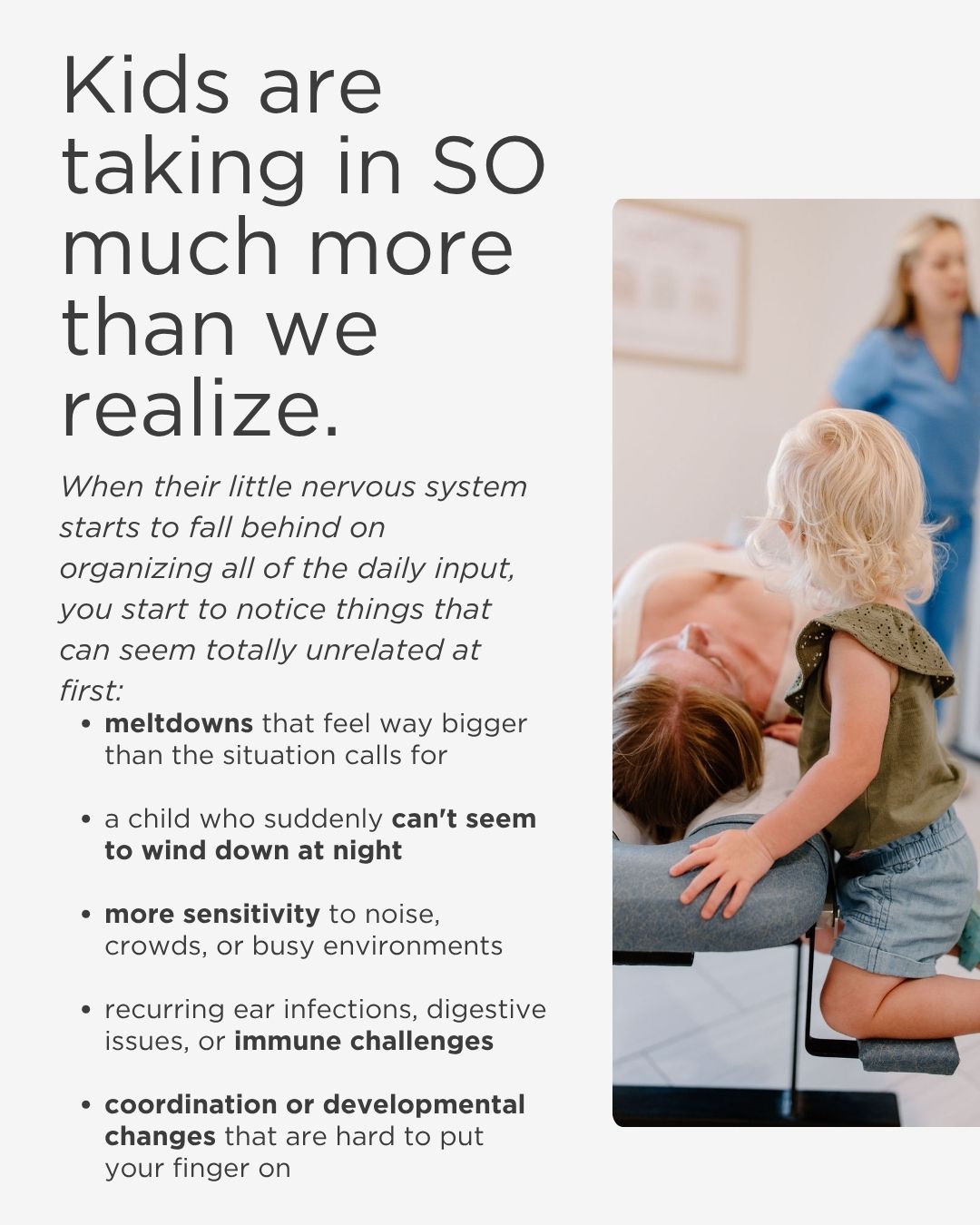 🧠 Kids are processing more than we often realize.
Every new experience, big feeling, busy schedule, and overstimulating afternoon requires their nervous system to take in information and make sense of it all.
When kids are adapting well, they can usually navigate those challenges without becoming overwhelmed. But when the nervous system is under stress, you may start to notice signs like:
✨ Bigger meltdowns and emotional outbursts
✨ Difficulty settling down or sleeping
✨ Increased sensitivity to noise, crowds, or change
✨ Recurring ear infections, digestive struggles, or immune challenges
✨ Coordination, focus, or developmental concerns
Sometimes these aren't isolated issues. They're clues that the nervous system may need extra support.
Chiropractic care helps improve communication between the brain and body, supporting a child's ability to regulate, adapt, and respond to the world around them.
When the nervous system functions better, life often feels a little easier for everyone. 🤍
#PediatricChiropractic #NervousSystemHealth #HealthyKids #FamilyChiropractic #EarInfections #ChildDevelopment #SensoryProcessing #EmotionalRegulation #OKCMoms #YoungLifeChiropractic #ServingAllStagesOfLife