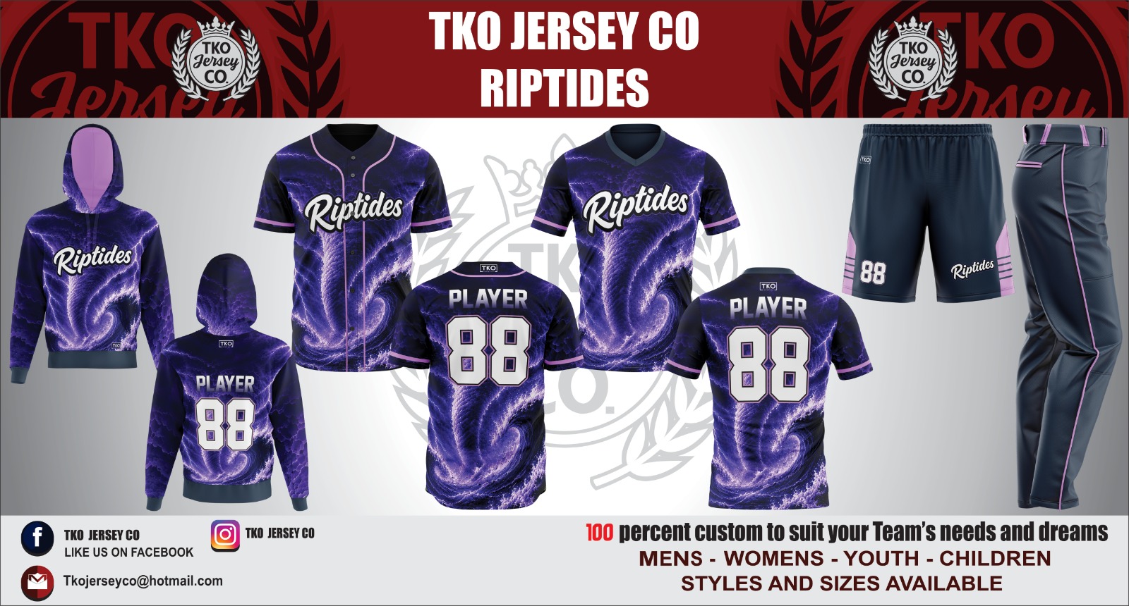 RIPTIDES.
Purple. Swirling. Dangerous.
The kind of jersey that makes the opposing pitcher forget the count because they're too busy staring at the galaxy wrapped around your entire team.
Button-up jersey. Hoodie. Tee. Pants. Everything in that deep purple vortex pattern. Even the pants have pink piping.
The Riptides don't pull you in slowly. They pull you under before you know what happened.