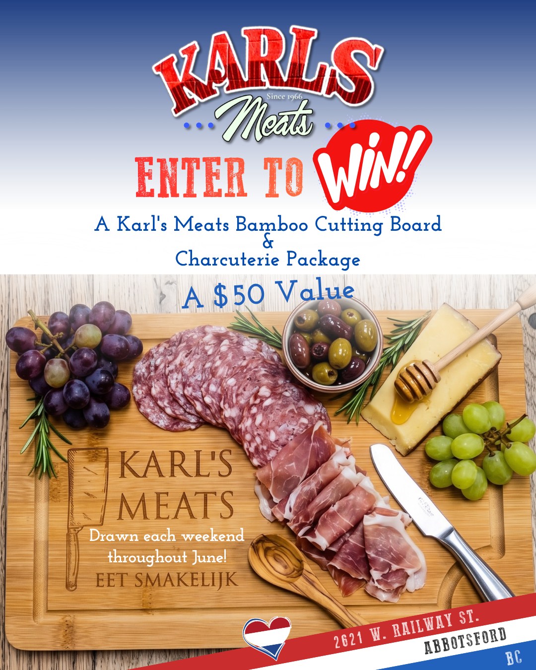 🎉🧀 WIN A KARL’S MEATS CHARCUTERIE PACK! 🧀🎉
June has arrived, and we’re kicking off the summer season with something new and special for our amazing customers!
Every Friday in June, we’ll be announcing a winner and giving away a custom-engraved Karl’s Meats Bamboo Cutting Board along with a delicious Karl’s Meats Charcuterie Package valued at $50!
Whether you’re planning a backyard BBQ, a family gathering, or simply enjoy great meats and cheeses, this prize pack is the perfect addition to your summer entertaining.
👇 Entering is super easy:
✅ Stop by Karl’s Meats
✅ Pick up your favourite meats, cheeses, or Dutch treats
✅ Fill out a quick ballot at the counter (name & phone number only)
✅ Drop it into the ballot box
That’s it!
No online forms. No email sign-ups. Just a simple chance to win every time you visit.
📅 A new winner will be drawn each weekend throughout June!
Good luck, and thank you for supporting local for over 60 years. We can’t wait to see you in the shop!
📍 Karl’s Meats
2621 W. Railway St, Abbotsford, BC
📞 (604) 859-9011
Smakelijk eten! 😋
— The Karl’s Meats Team 💪
#KarlsMeats #WinWithKarls #CharcuterieBoard #DutchHeritage #SupportLocal #AbbotsfordBC #SummerGiveaway #ShopLocal #Charcuterie #DeliLife #ButcherShop #DutchTreats #BBQSeason #EetSmakelijk