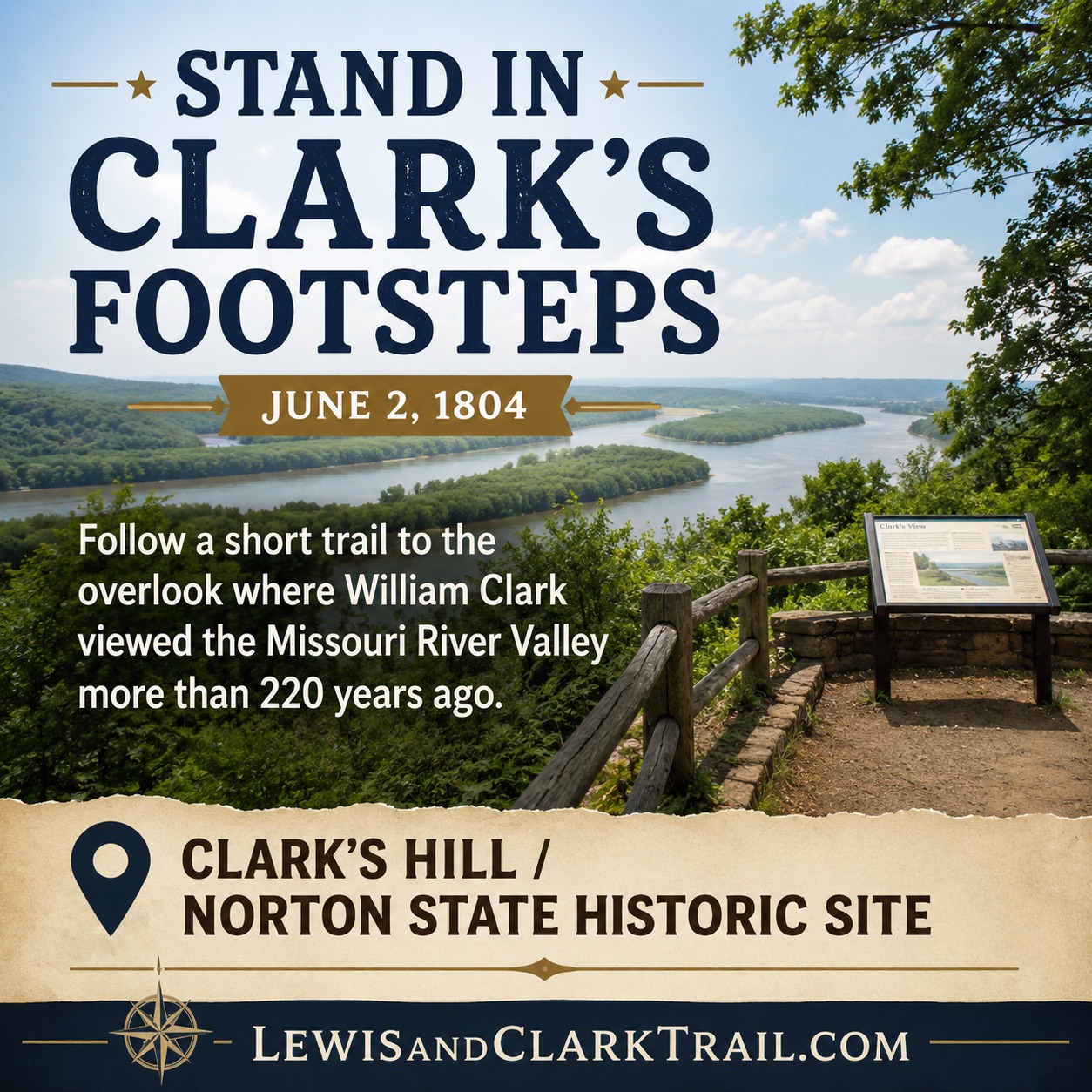 Stand in Clark's Footsteps
June 2, 1804
Follow a short trail to the overlook where William Clark viewed the Missouri River Valley more than 220 years ago.
📍 Clark's Hill / Norton State Historic Site, Missouri
LewisandClarkTrail.com
#lewisandclarktrail #missourihistory #missouristatehistoricsite #williamclark
