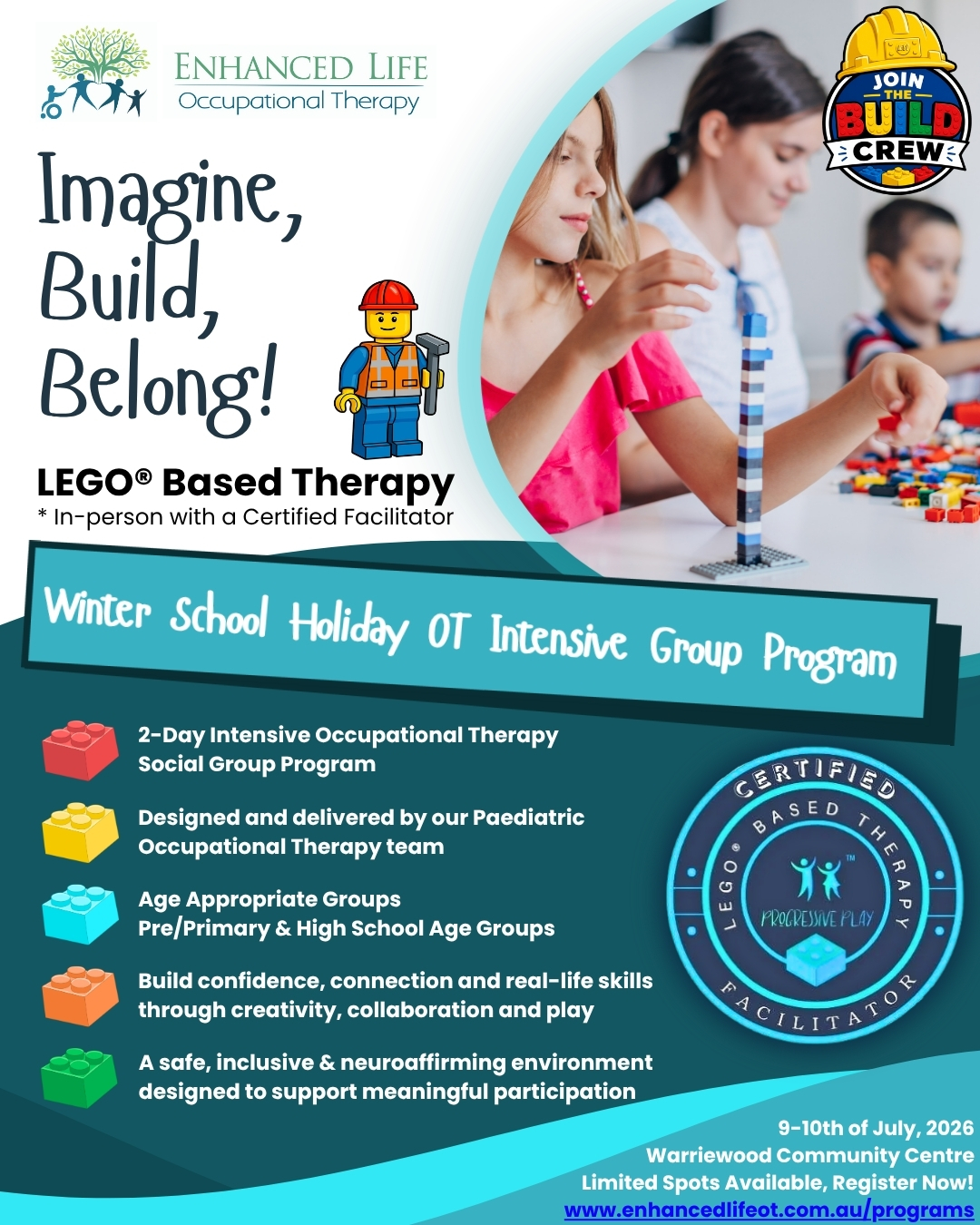 🧱✨ IMAGINE, BUILD, BELONG ✨🧱
A LEGO® Occupational Therapy School Holiday Intensive designed to help children build:
🤝 Social communication & teamwork
🧠 Executive functioning & problem-solving
🌱 Emotional regulation & resilience
⭐ Confidence & participation
Led by our Occupational Therapy team, children will engage in collaborative LEGO® challenges, creative builds and therapeutic play experiences in a safe, supportive and neuroaffirming environment.
✔️ Small 1:3 therapist ratio
✔️ Individualised goal planning
✔️ Participation summary report
✔️ LEGO® resources included
✔️ Snacks provided
📍 Warriewood Community Centre
📅 9-10th July, Winter School Holidays 2026
🎟 Limited places available
👥 All abilities are welcome!
Tap the link in our bio to learn more and register.
#ImagineBuildBelong #EnhancedLifeOT #LEGOTherapy #OccupationalTherapy #SchoolHolidayActivities #NorthernBeachesMums #NDISKids #Neuroaffirming #ExecutiveFunctioning #SocialSkills #EmotionalRegulation #PaediatricOT