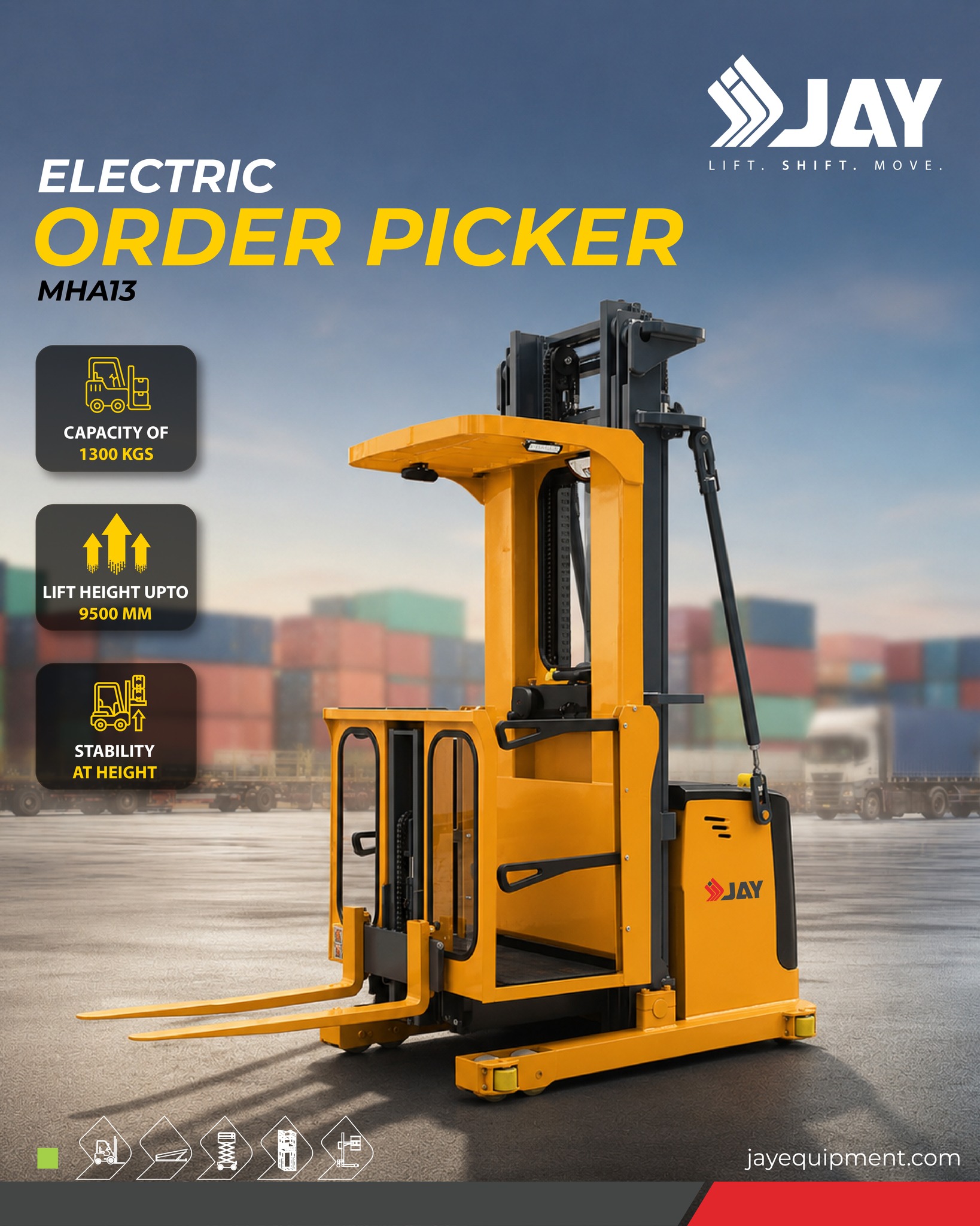 🚀 Reach New Heights with Precision & Performance!
.
Looking for a smarter way to optimize your warehouse operations? The JAY Electric Order Picker (MHA13) is designed to help you pick, lift, and move goods efficiently while ensuring stability and safety at elevated heights.
.
✅ Capacity: 1300 Kgs
✅ Lift Height: Up to 9500 mm
✅ Superior Stability at Height
✅ Ideal for Warehouses, Distribution Centers & Logistics Operations
.
Maximize productivity, reduce manual effort, and streamline your order-picking process with reliable material handling solutions from JAY.
.
📩 DM us to learn more or request a quote
📞 Call: +91 95452 34222
📧 Email: sales@jayequipment.com
🌐 jayequipment.com | shop.jayequipment.com
.
#IndustrialEquipment #LogisticsSolutions #SupplyChainManagement #WarehouseEfficiency #ElectricOrderPicker