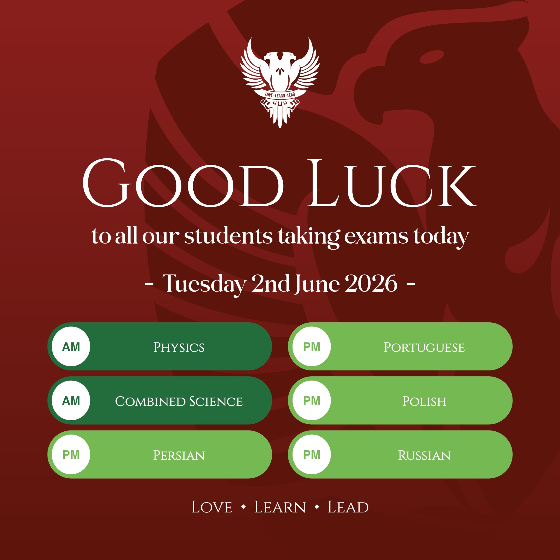 Good luck with your exams today Year 11. Today we have:
Physics
Combined Science
Persian
Portuguese
Polish
Russian
#lovelearnlead #putstambrose1st #combinedsciencegcse #physicsgcse #persian #polish #portuguese #russian