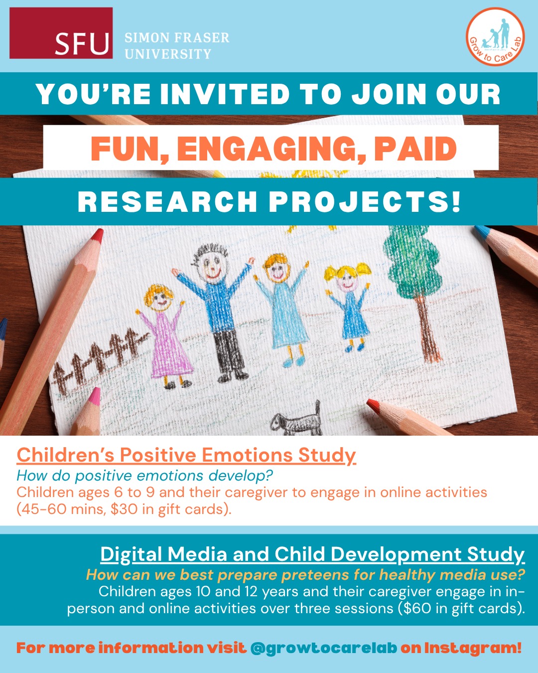 Help us learn how kids grow and thrive in today’s digital world! 🧠👨👩👧
The Grow to Care Lab is inviting children and caregivers to join our paid research studies with fun, age-appropriate activities. Your family’s participation supports important research on children’s social and emotional development. Families receive gift cards, and kids take home a small thank-you gift.
📩 Interested? Visit @growtocarelab for more information and how to sign up!
#SFUGrowToCareLab #BurnabyFamilies #YVRParents #VancouverCommunity #FamilyResearch