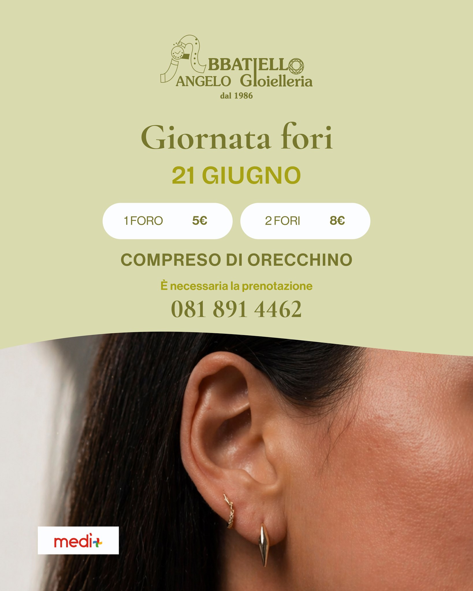 Torna la Giornata Fori da Abbatiello Angelo Gioielleria al Medì! ✨
Il 21 giugno rinnova il tuo look in totale sicurezza:
• 1 Foro ➡️ 5€
• 2 Fori ➡️ 8€
💎 Orecchino sempre compreso nel prezzo!
🚨 Posti limitati, prenotazione obbligatoria!
📞 Chiama ora lo 081 891 4462 e riserva il tuo appuntamento.
#AbbatielloGioielleria #CentroMedì #GiornataFori #Orecchini