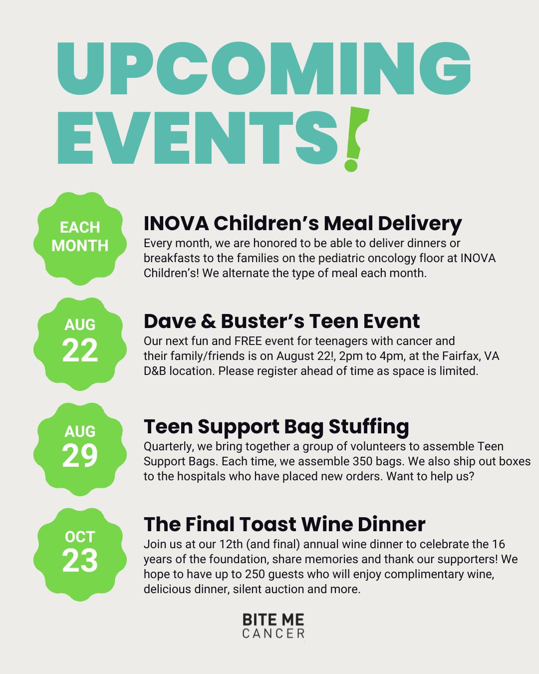 Check out our upcoming activities! We are still focused on our mission and offerings! Join us! More info for Dave & Buster's and The Final Toast dinner are in the link in our bio.💚