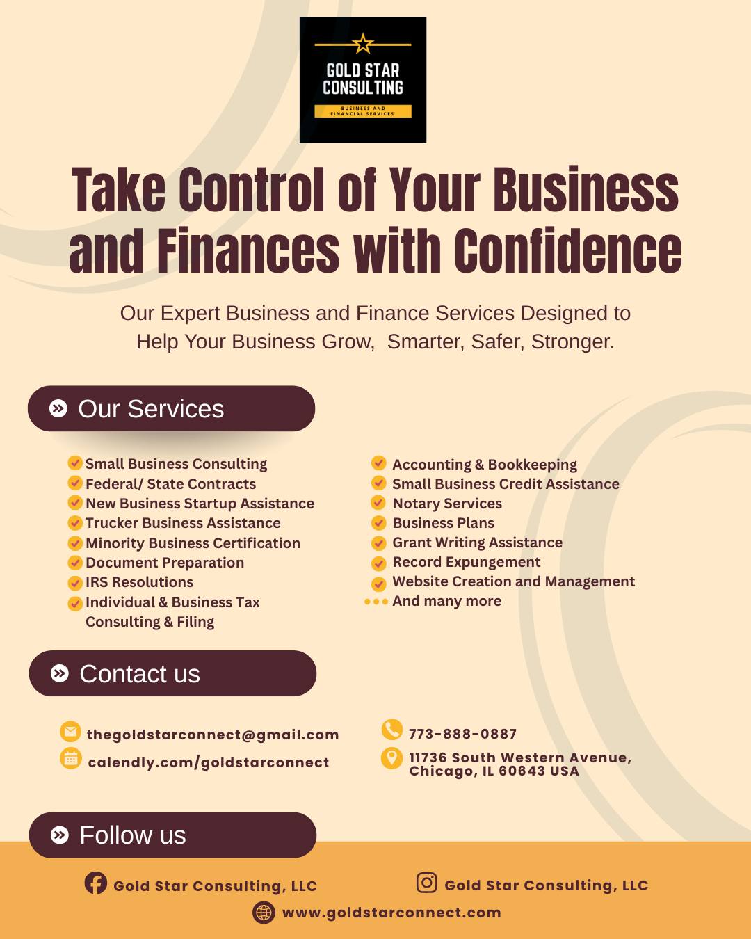 ✨ Your business deserves the support, expertise, and financial confidence needed to thrive. 💼
Whether you're launching a new business, managing your finances, building business credit, filing taxes, or pursuing government contracts, Gold Star Consulting is here to guide you every step of the way.
✅ Explore our wide range of services designed to help you overcome challenges, seize opportunities, and take your business to the next level.
📲 Contact us today to schedule a consultation and learn how we can help your business grow smarter, stronger, and more profitable.
#GrowWithConfidence #SmallBusinessSuccess #SmallBusinessSupport #BusinessConsulting #EntrepreneurLife #BusinessGrowth #AccountingServices #Bookkeeping #TaxPreparation #BusinessOwner #StartupBusiness #BusinessSuccess #FinancialFreedom #SmallBusinessOwner #EntrepreneurMindset #BusinessStrategy #GrowYourBusiness #GoldStarConsultingChicago