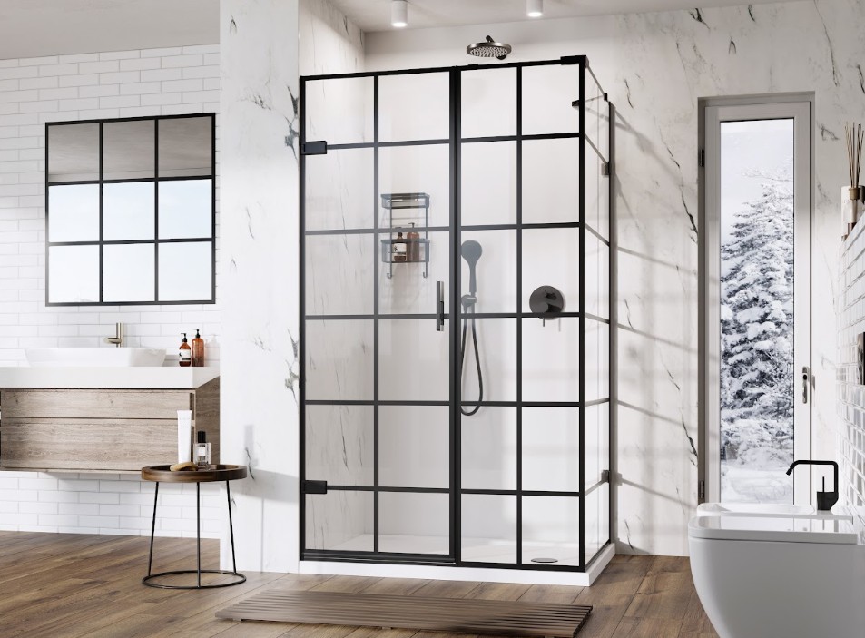 Liberty Black Grid Hinged Door with Inline and Side Panel for Corner Fitting
Our new Black Grid Hinged Door is bold enough to make a statement in any space. The Black Grid Hinged Door is the latest addition to our Liberty Black Grid collection with 10mm glass thickness and 2000mm in height.