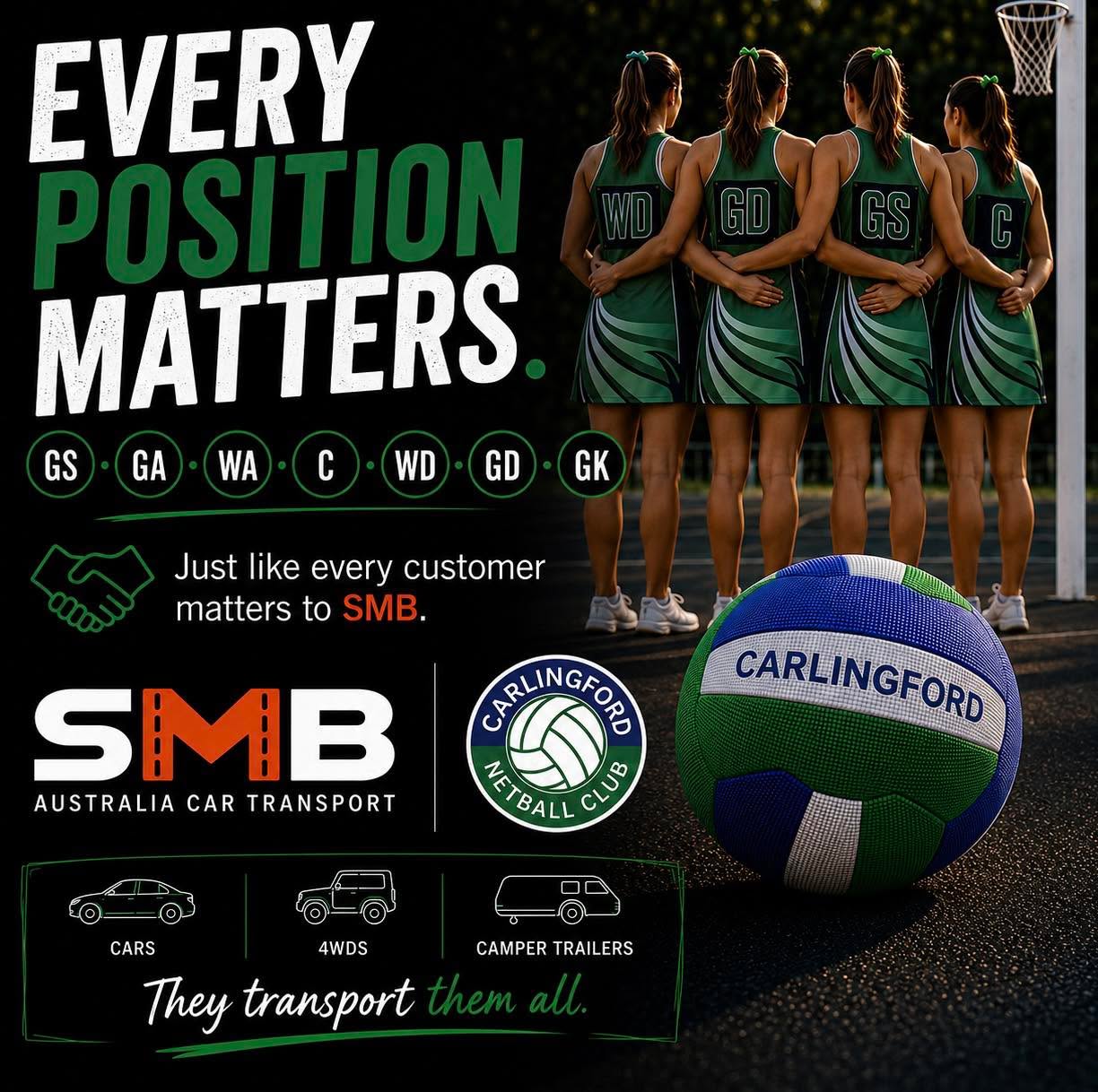 Every position matters ๐
Whether you're a GS sinking goals, a WD creating pressure, or a C covering every inch of the court, every role plays a part in the success of our club.
The same goes for our supporters.
A huge thank you to @smbaustralia for backing Carlingford Netball Club and our community. Just like every position on the court matters, every customer matters to SMB.
We're proud to have local businesses supporting our players, families and volunteers both on and off the court!
#CarlingfordNetballClub #SMBaustralia #NetballCommunity #SupportLocal