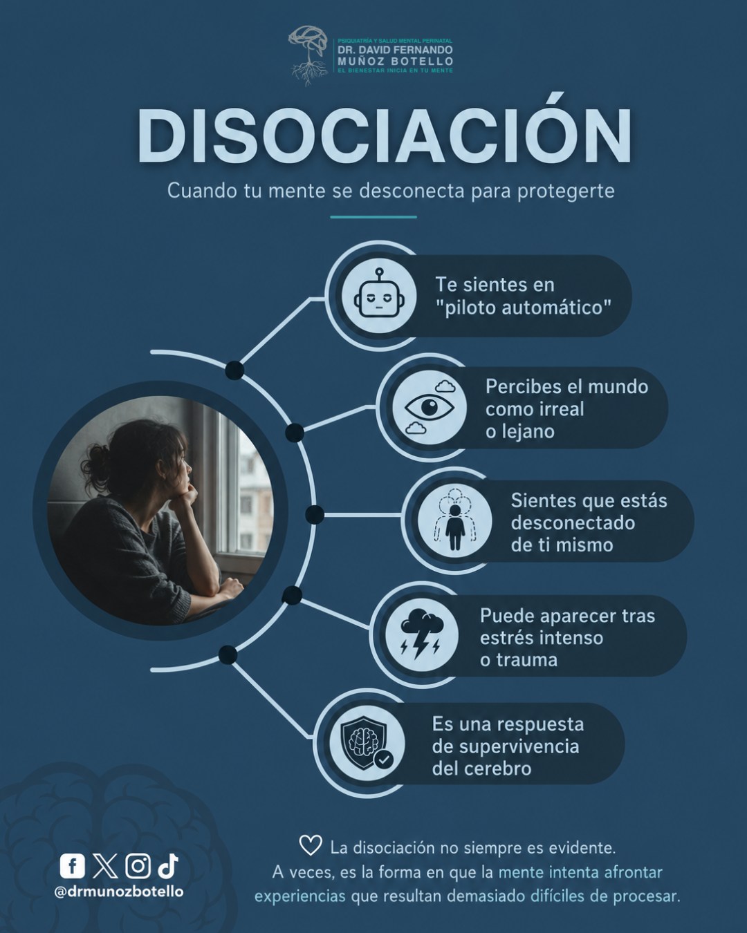 🤍 A veces el cerebro encuentra formas de protegernos cuando las emociones resultan demasiado intensas o difíciles de procesar.
La disociación puede hacer que una persona se sienta desconectada de sí misma, de sus emociones o incluso de lo que ocurre a su alrededor. Aunque suele pasar desapercibida, es una experiencia más frecuente de lo que imaginamos y, en muchos casos, está relacionada con situaciones de estrés, trauma o sobrecarga emocional.
Reconocer estas señales no significa etiquetarse ni alarmarse; significa comprender mejor lo que estamos viviendo y saber cuándo es momento de buscar apoyo profesional.
La salud mental también implica aprender a escuchar las formas en que nuestra mente intenta adaptarse y protegernos. 🧠✨
#DrMunozBotello #SaludMental #Psiquiatría #Disociación #TraumaPsicológico #BienestarEmocional #SaludMentalImporta #Psicoeducación #Ansiedad #Estrés #SaludMentalPerinatal