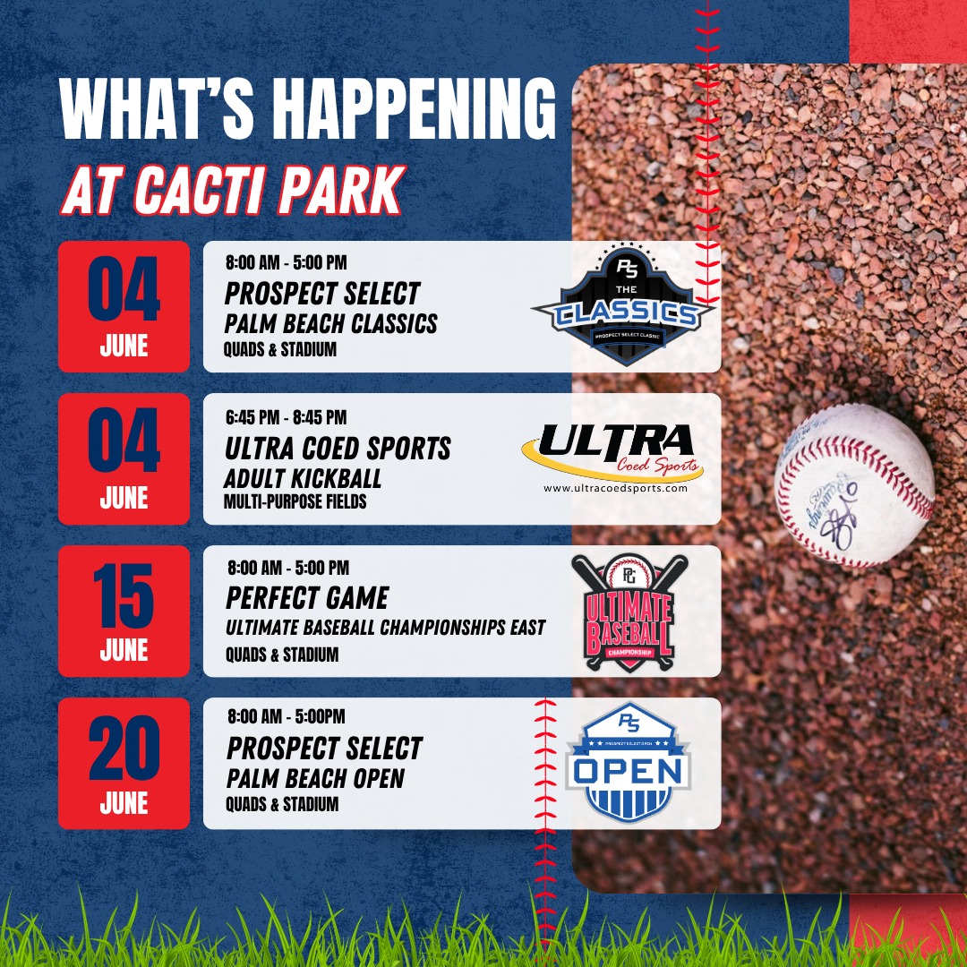 Our events don’t stop when Spring Training ends! We’ve got an exciting June lineup at CACTI Park, with Prospect Select and Perfect Game hosting several of their annual baseball tournaments across our quad fields and main stadium. ⚾Plus, Ultra Coed Sports brings the fun every Thursday evening with their kickball games on our multi-purpose fields. 👟
Interested in hosting your event at CACTI Park? Contact us today to bring your vision to life!
📩info@cactipark.com
📱561-500-4487